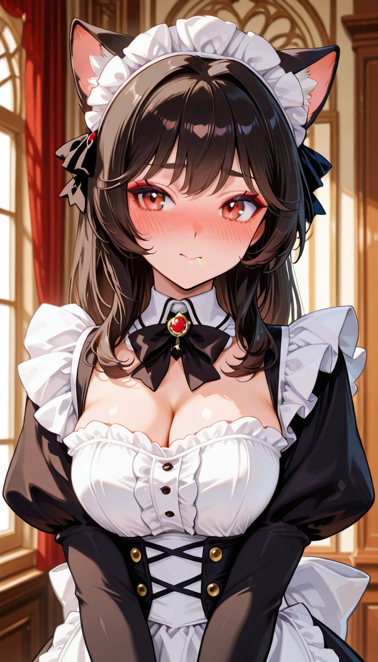 masterpiece, best quality, 1girl, empty eyes, medium-length black haired, brown eyes, maid, smile