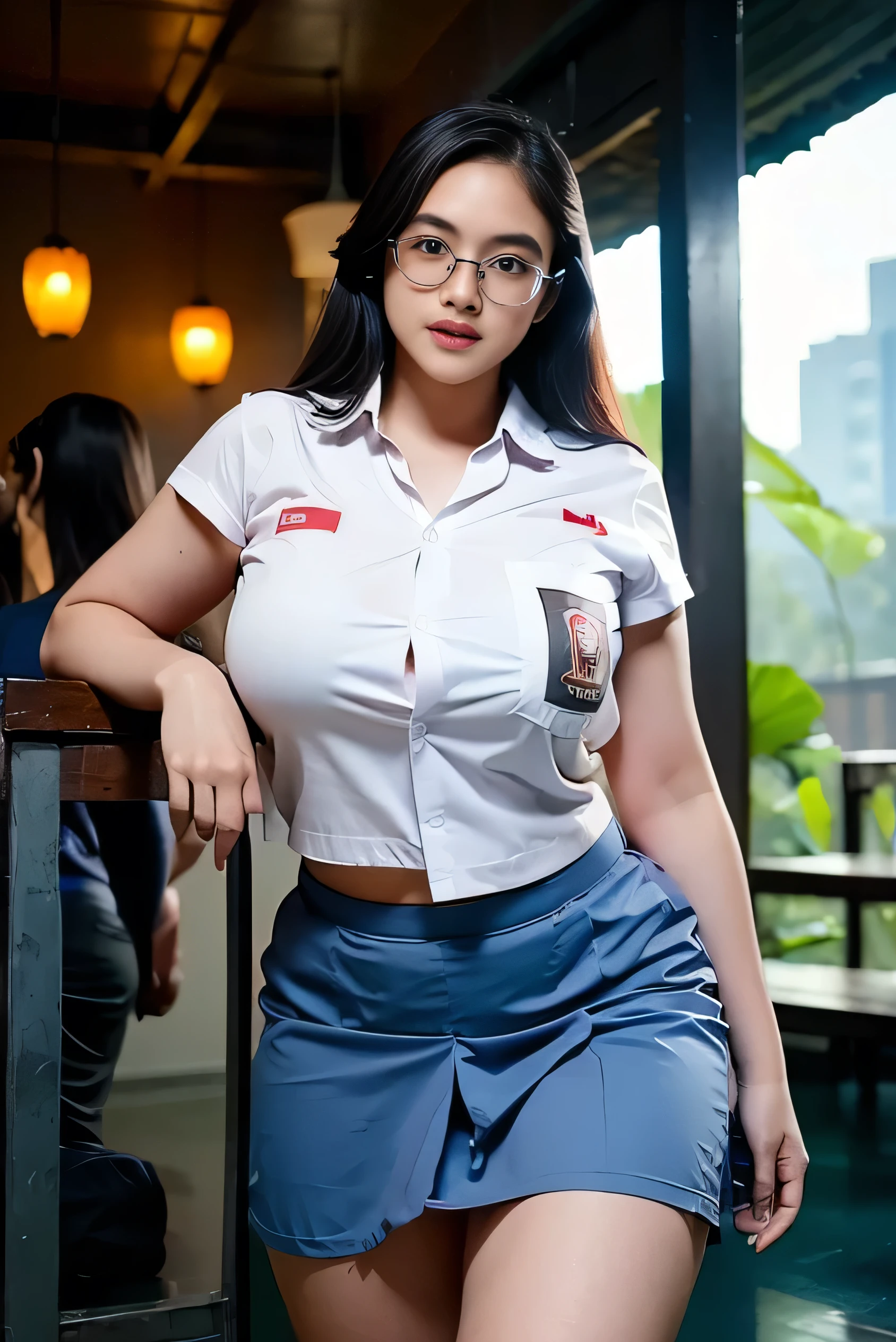 1girl, solo, 19 years old, tall body, (uniform), at the gym, crawling towards viewer, semi-thick breasts, smooth realistic skin, angry face, white shirt, grey blue skirt, crawling towards viewer, photorealistic, 8K, ultra-detailed, hyper-realistic, physically-based rendering, chiaroscuro lighting, neon lights, vibrant colors, moody atmosphere, elegant aesthetic, glamour photography, from a far