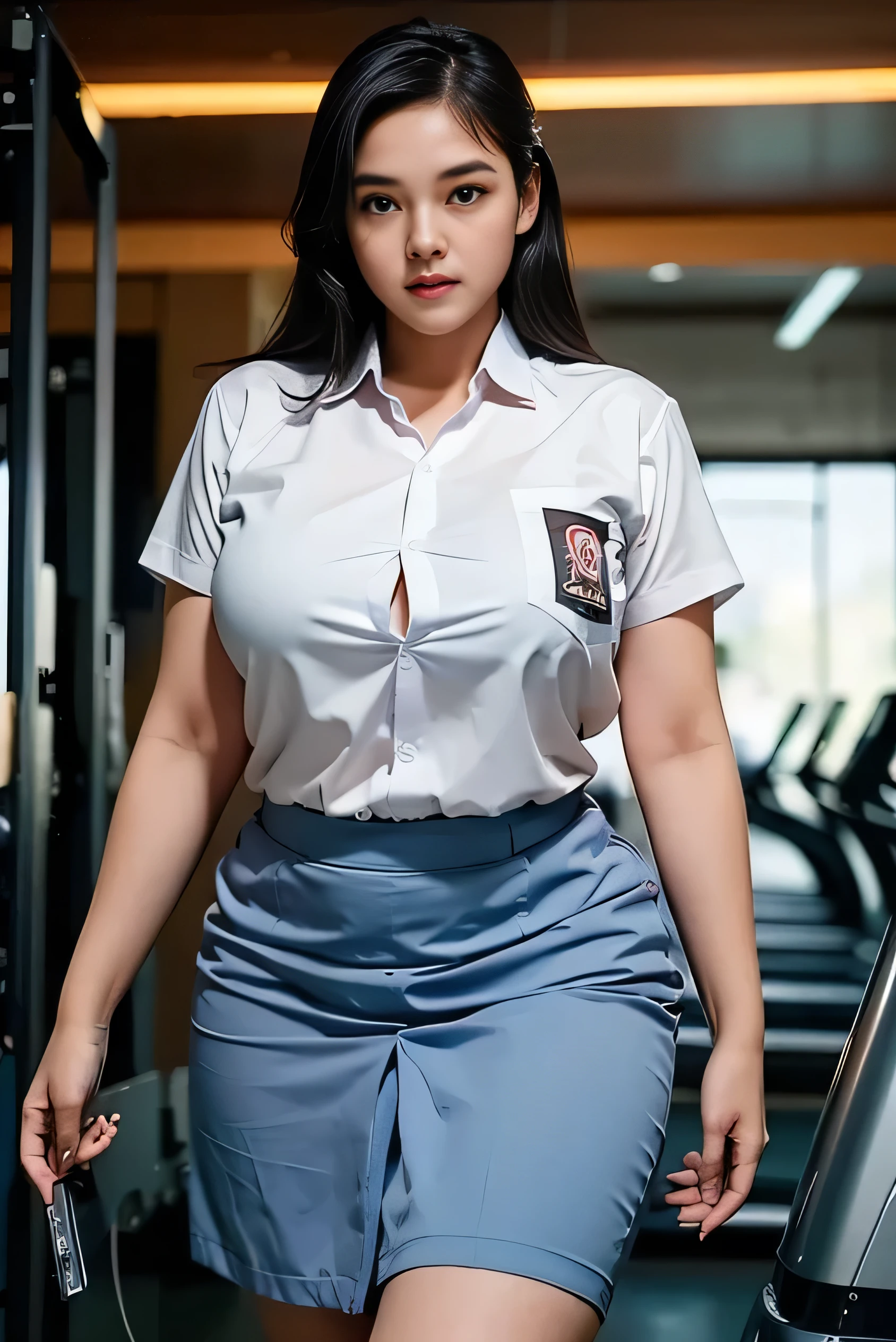1girl, solo, 19 years old, tall body, (uniform), at the gym, towards viewer, semi-thick breasts, smooth realistic skin, angry face, white shirt, grey blue skirt, crawling towards viewer, photorealistic, 8K, ultra-detailed, hyper-realistic, physically-based rendering, chiaroscuro lighting, neon lights, vibrant colors, moody atmosphere, elegant aesthetic, glamour photography, from a far