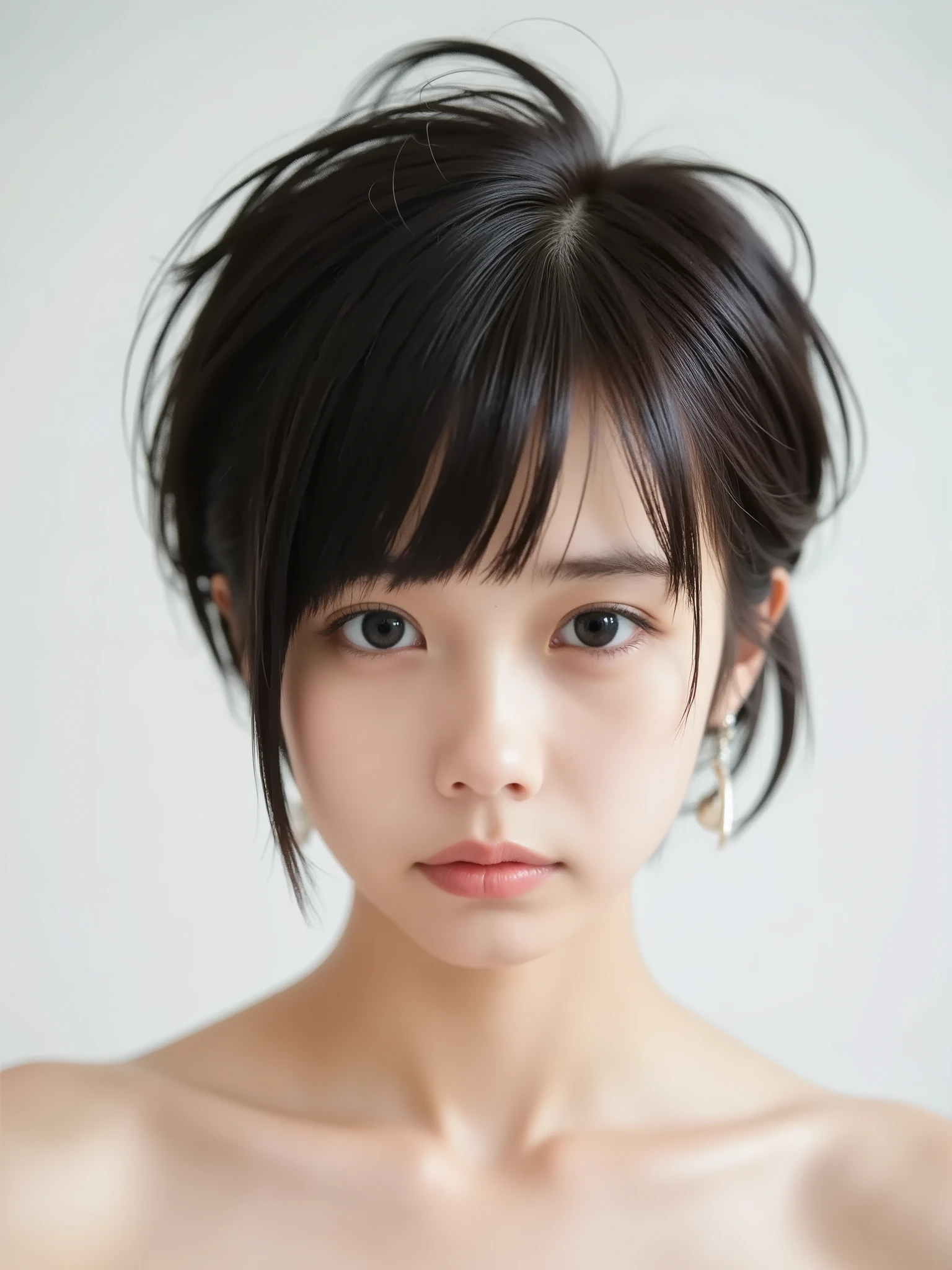 Random-haired woman with dark brown hair、((eyes are small))、((dying of embarrassment)),white skin、(Shoulder Outfit),portrait、((Focus on eyes)),(((angle in front)))