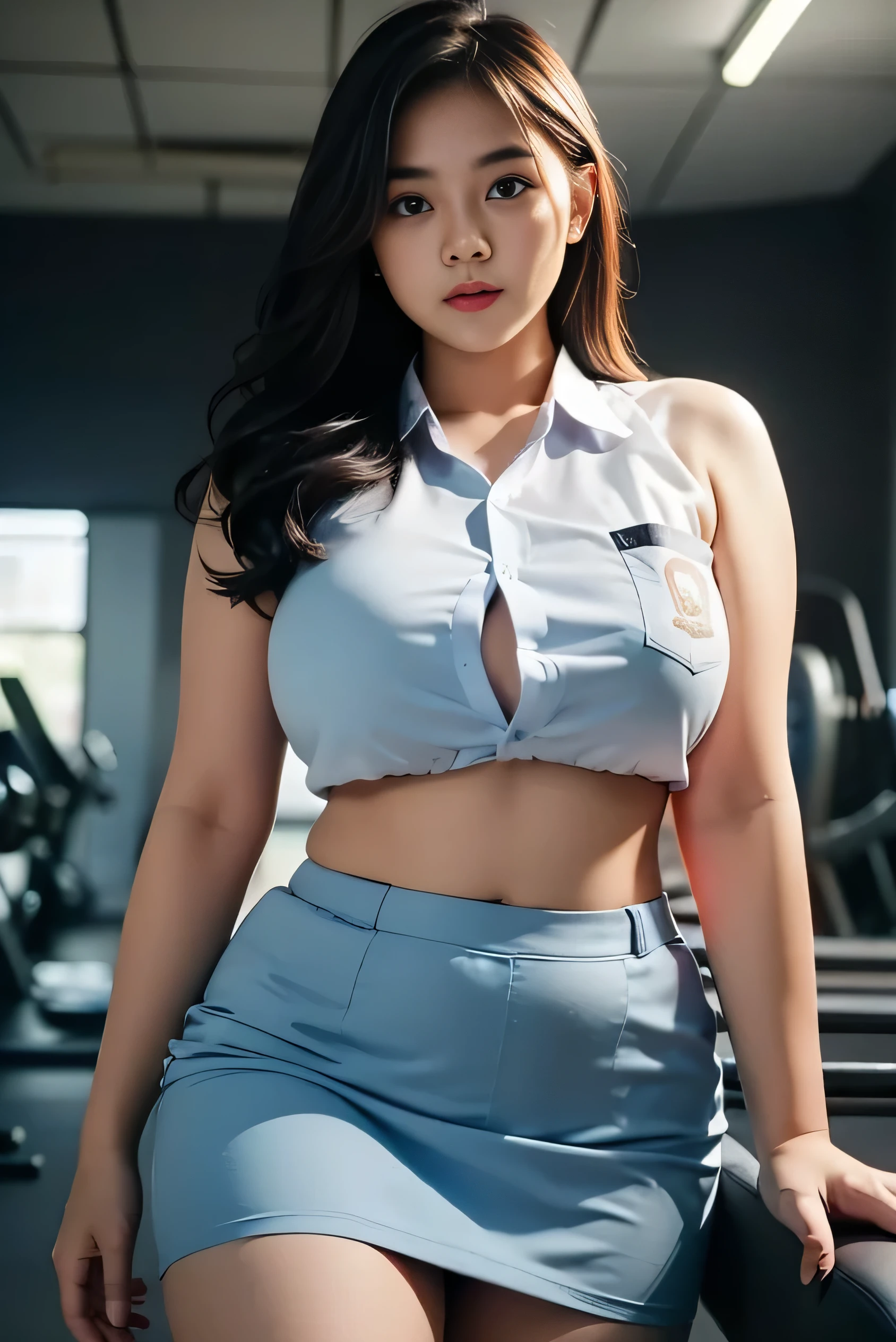 1girl, solo, 19 years old, tall body, (uniform), at the gym, towards viewer, semi-thick breasts, smooth realistic skin, angry face, white shirt, grey blue skirt, crawling towards viewer, photorealistic, 8K, ultra-detailed, hyper-realistic, physically-based rendering, chiaroscuro lighting, neon lights, vibrant colors, moody atmosphere, elegant aesthetic, glamour photography, from a far