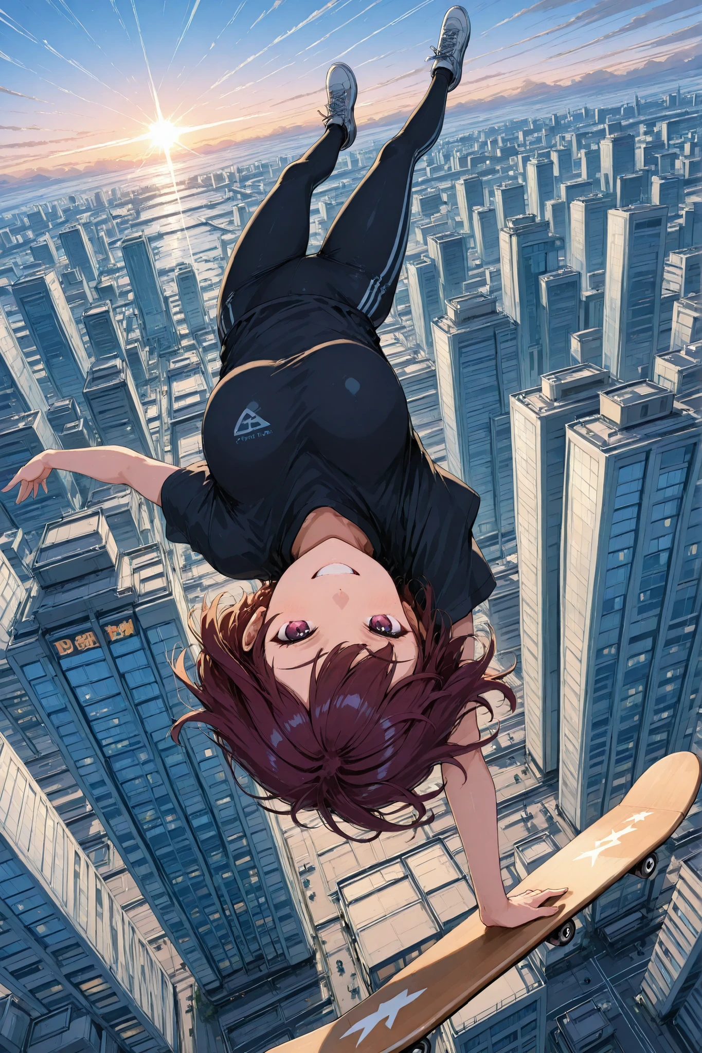 (dynamic pose:1.7),burgundy short hair, purplre eyes, high quality, masterpiece, ultra-detailed, anime style, dynamic composition, zero gravity, girl skateboarding in midair, surfing on a transparent gravity wave, giant curved transparent wave in the sky, glowing gravity ripple lines, floating hair and clothes, confident smiling girl, futuristic skate deck, gliding over the city, aerial perspective with the city far below, shimmering light reflections on the wave surface, particles sparkling around, fast motion, cinematic atmosphere, powerful sense of speed, vibrant lighting