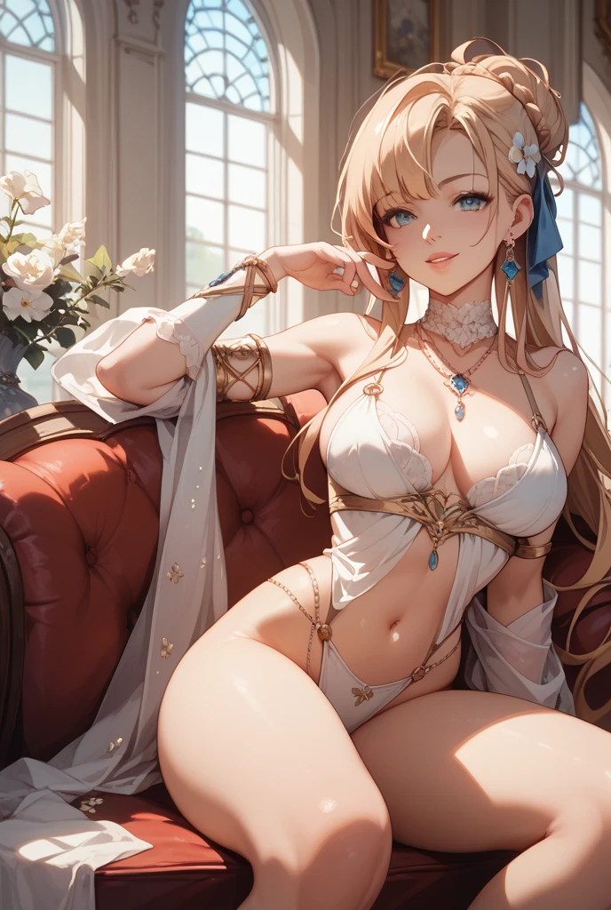Tabletop, Highest quality,  Highly detailed CG Unity 8k wallpaper, Beauty Priestess Costume, Long dark blonde wavy hair、Gorgeous tiny ?????? tops、Gorgeous hair ornament、Medium Milk,  Puffy ???????、Cute Smile、((Browsing Caution))、???? ????、High heels、Gorgeous magic wand and book、Castle church bed、???? pose、Accentuate your ???????、Lying in bed、Put your hand in your panties
