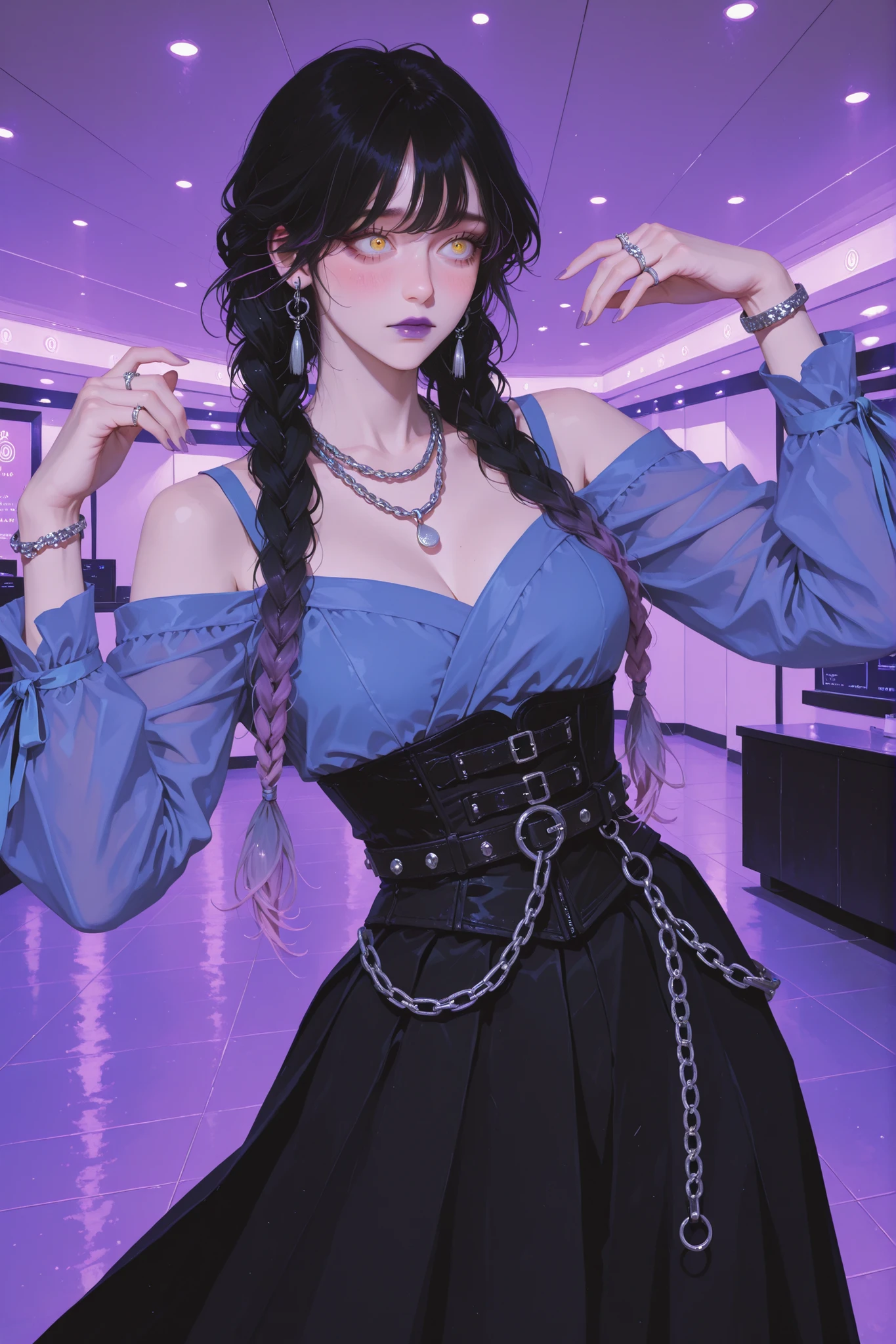 anime style, anime coloring, 8k, HDR, extremely detailed face and eyes, beautiful face and eyes, solo, beautiful, cool, masterpiece, top quality, great quality, pose, background, highres, matte colouring, flat colouring, matte skin, 1girl, young woman, dynamic hair, dynamic clothes, asian, korean, korean idol style, yellow eyes, multicoloured hair, gradient hair, black hair_roots, lavender highlights, twin braids, ribbons tied in braids, sleek hairstyle, baby_hair, sharp eyeliner, lavender lipstick, idol, pop singer, lavender_leopard_top, long sleeves top, cold shoulder, black corset with straps, black_fitted_skirt, penci_skirt, slit in a skirt, maxi skirt, silver jewellery, safety_pins, chain earrings, chain necklace, decorative_chainbelt, bracelets, rings, side angle, dancing, shy, elegant, cute, hotel hall, minimalist hall, modern hotel, lost and wide-eyed