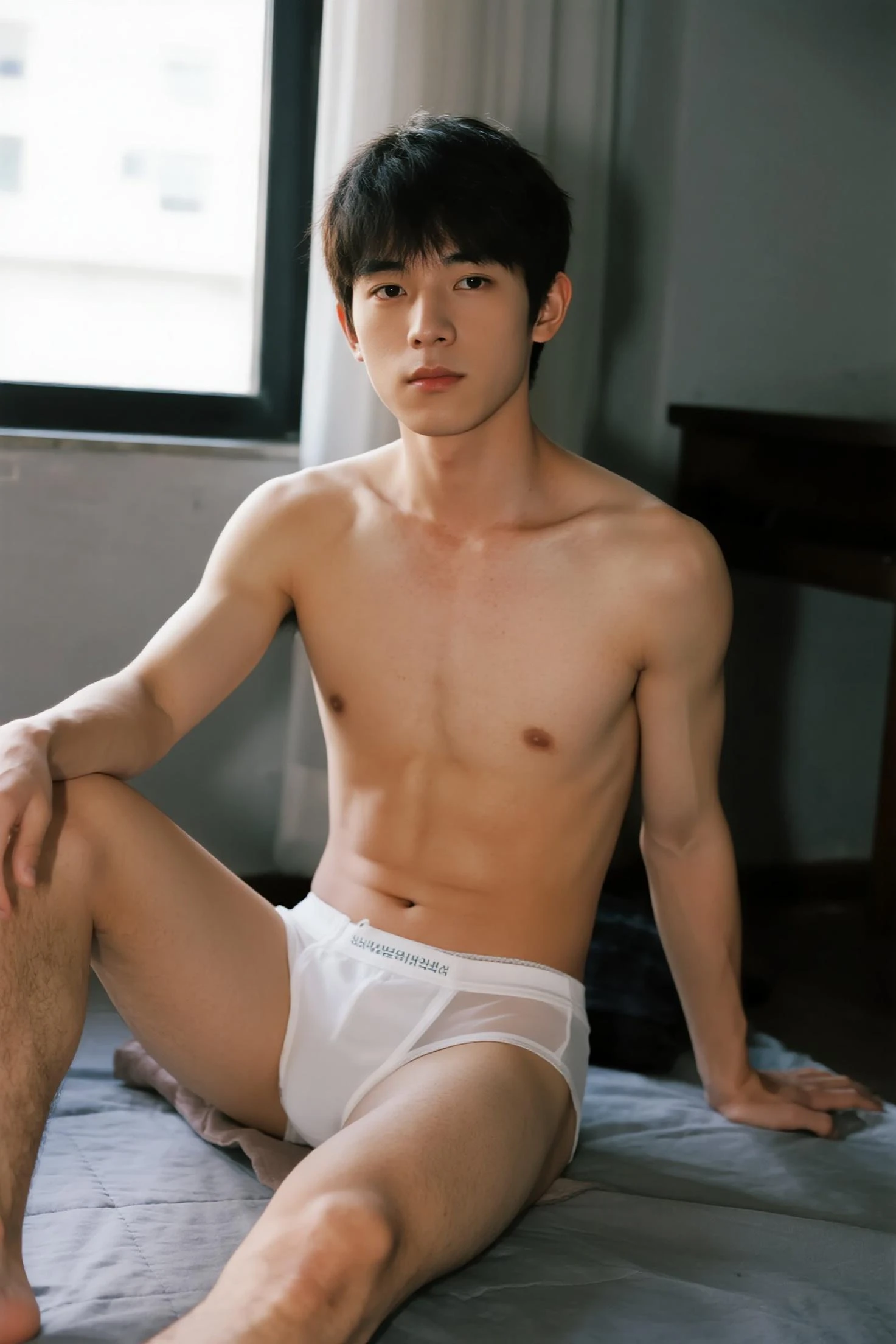 20-year-old handsome Korean male idol ,black tennis uniform, V-neck tee, Black too short triangle panties, skinny body type, Gym suit, white socks,Right shoulder, pretty body type, Idol hairstyle and makeup, pretty boy face,  protruding, brown hair, bullying,  protrudes 