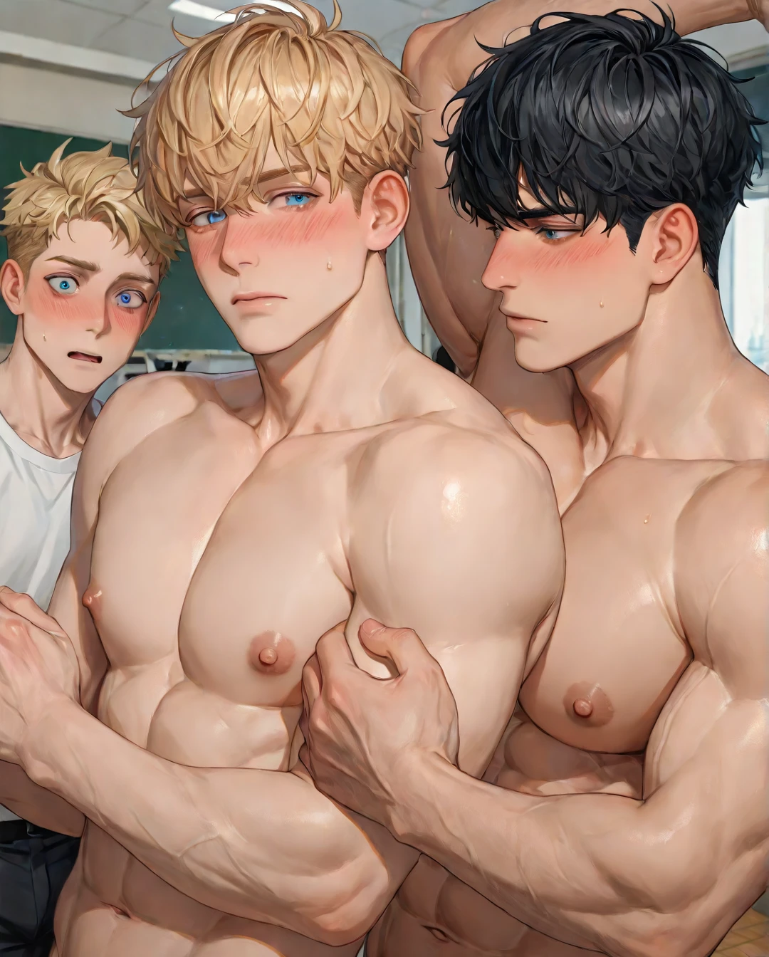 Bedroom in apartment、Dark bedroom、Three  skinny muscular men standing with 、Looking at this、Black short hair、Blonde short hair、Black short hair、:1.3
