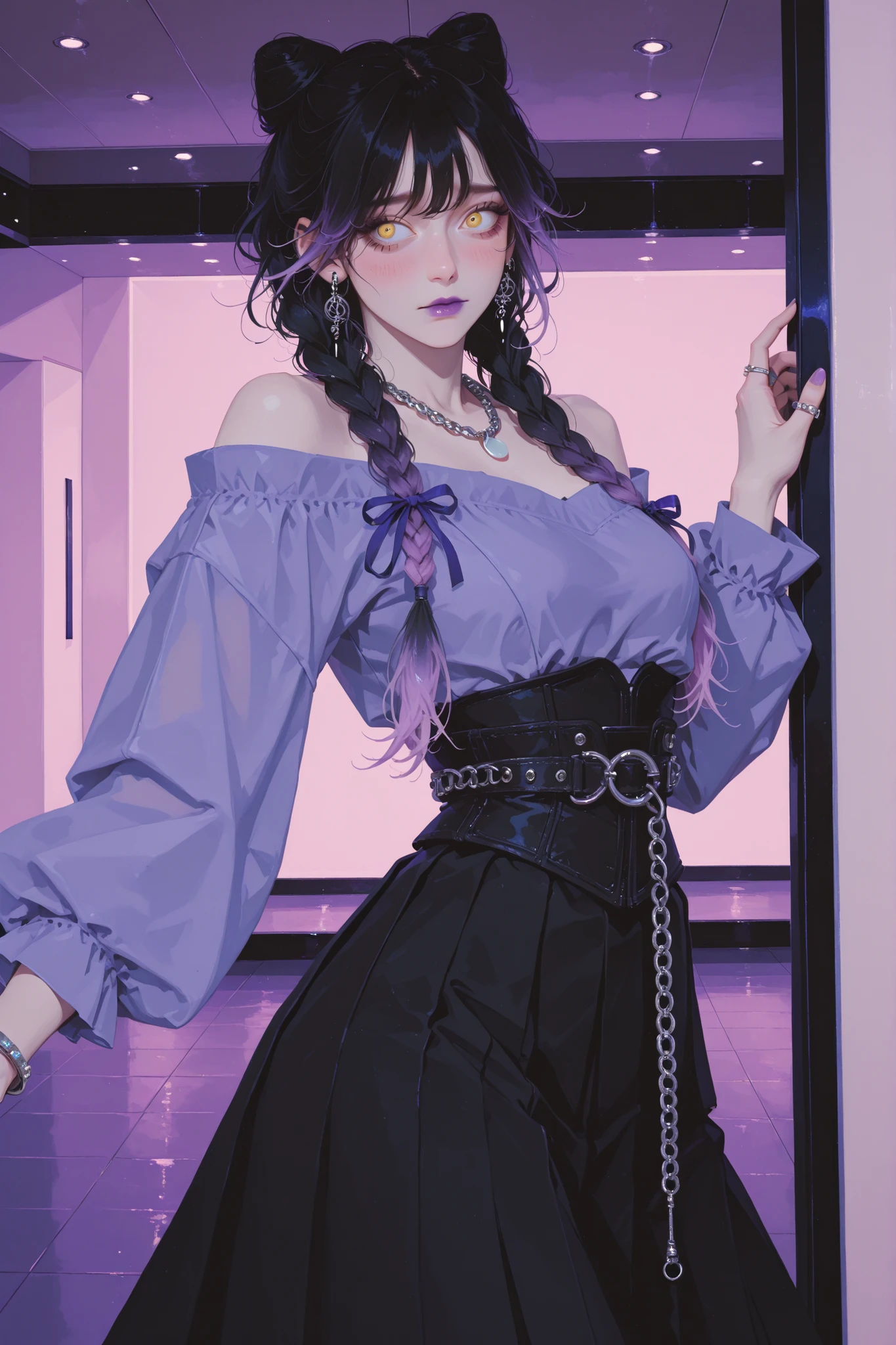 anime style, anime coloring, 8k, HDR, extremely detailed face and eyes, beautiful face and eyes, solo, beautiful, cool, masterpiece, top quality, great quality, pose, background, highres, matte colouring, flat colouring, matte skin, 1girl, young woman, dynamic hair, dynamic clothes, asian, korean, korean idol style, yellow eyes, multicoloured hair, gradient hair, black hair_roots, lavender highlights, twin braids, ribbons tied in braids, sleek hairstyle, sharp eyeliner, lavender lipstick, idol, pop singer, lavender_leopard_top, long sleeves top, cold shoulder, black corset with straps, black_fitted_skirt, penci_skirt, slit in a skirt, maxi skirt, silver jewellery, safety_pins, chain earrings, chain necklace, decorative_chainbelt, bracelets, rings, side angle, dancing, shy, elegant, cute, hotel hall, minimalist hall, modern hotel, lost and wide-eyed