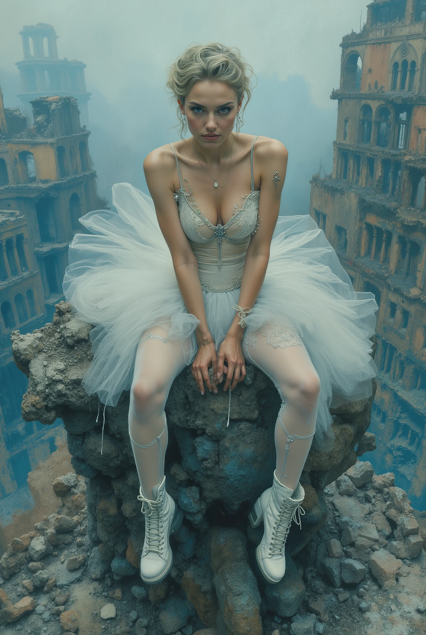 oil painting. The end of World. The digital illustration shows a beautyfull woman. She's wearing a white tutu white pantyhose and white platform boots. She is sitting on top of the ruins of high destroyed building with legs down. She has evening makeup and a hairstyle. It is wide angle shot from top. The background is a mix of abstract and urban elements, with a cool color palette dominated by shades of blue and gray. The overall style of the game is very detailed and dynamic, with an emphasis on strong and confident character behavior. Surreal digital graphics.