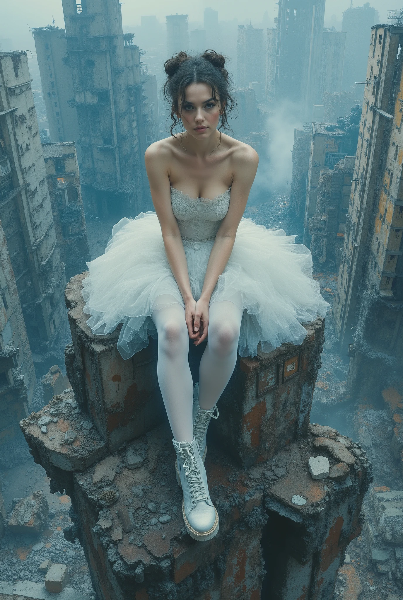 oil painting. The end of World. The digital illustration shows a beautyfull woman. She's wearing a white tutu white pantyhose and white platform boots. She is sitting on top of the ruins of high destroyed building with legs down. She has evening makeup and a hairstyle. It is wide angle shot from top. The background is a mix of abstract and urban elements, with a cool color palette dominated by shades of blue and gray. The overall style of the game is very detailed and dynamic, with an emphasis on strong and confident character behavior. Surreal digital graphics.