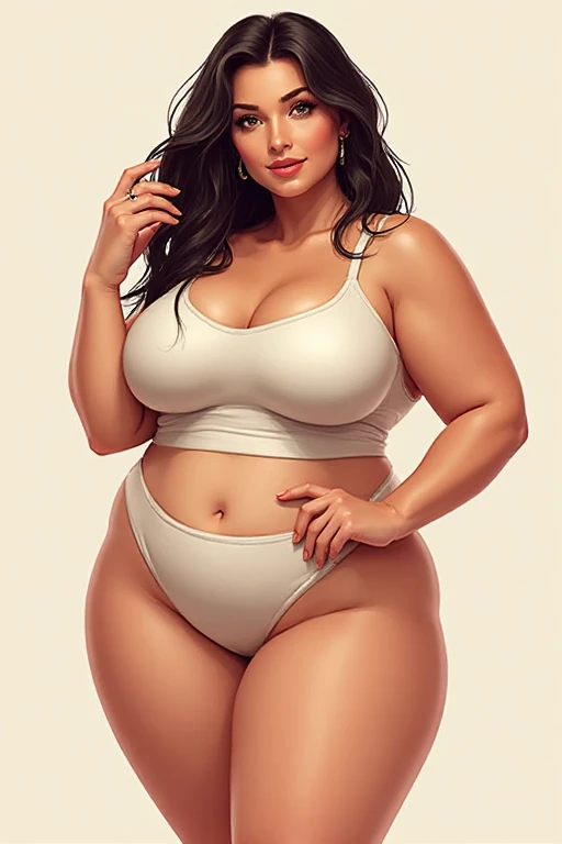 "An ultra-detailed 8k masterpiece of better quality and high saturation well focused. The image features an outfit illustration featuring a beautiful plus size black woman wearing a super tight sexy white BIKINI, including a blue background, long legs."
