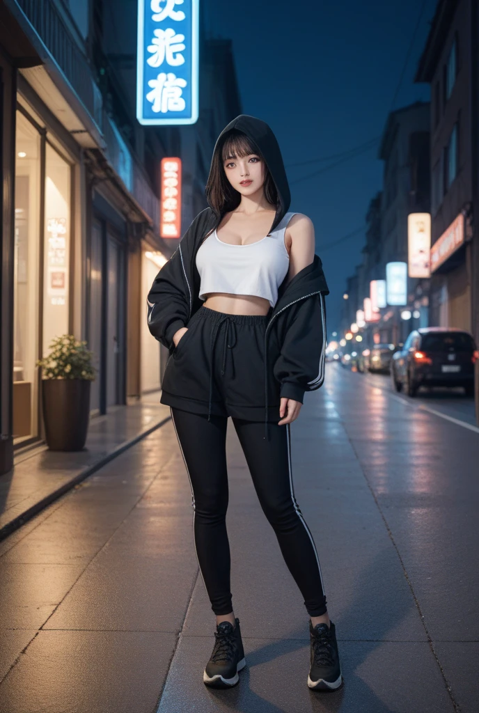 Anime style, cyberpunk, city, night, black hair, long haircut,, sport clothes