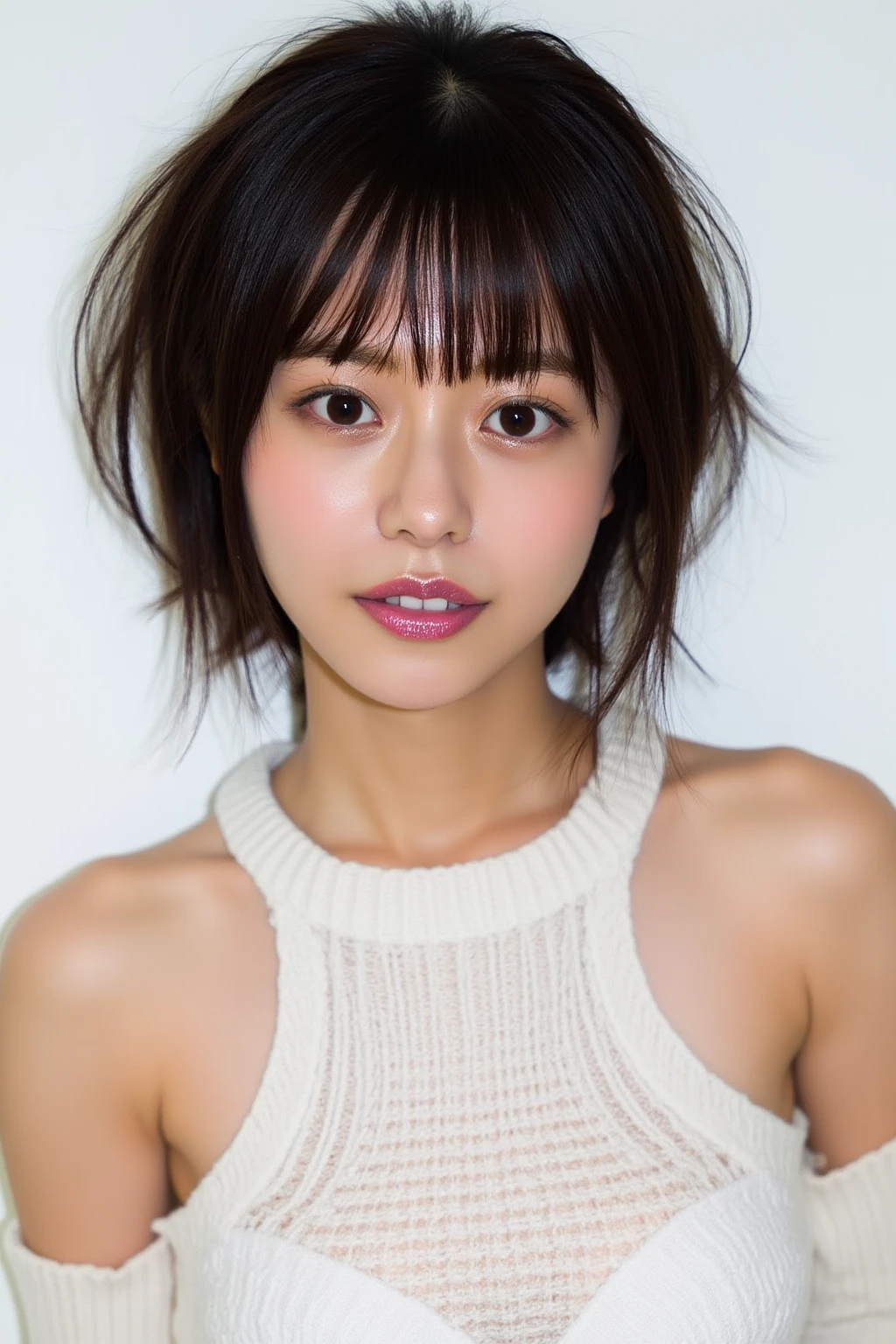 beautiful japanese woman、1 person,Very pretty and slim、outstanding style 、((8K image、super high quality))、Very delicate face, skin and hair、short hair、straggling hair,(((((((gradient hair、brown hair))))))),Very cute Japanese face、Eyes and nose are clearly visible、kind eyes,(((red 、simple background、looking at the viewer)))、full body shot