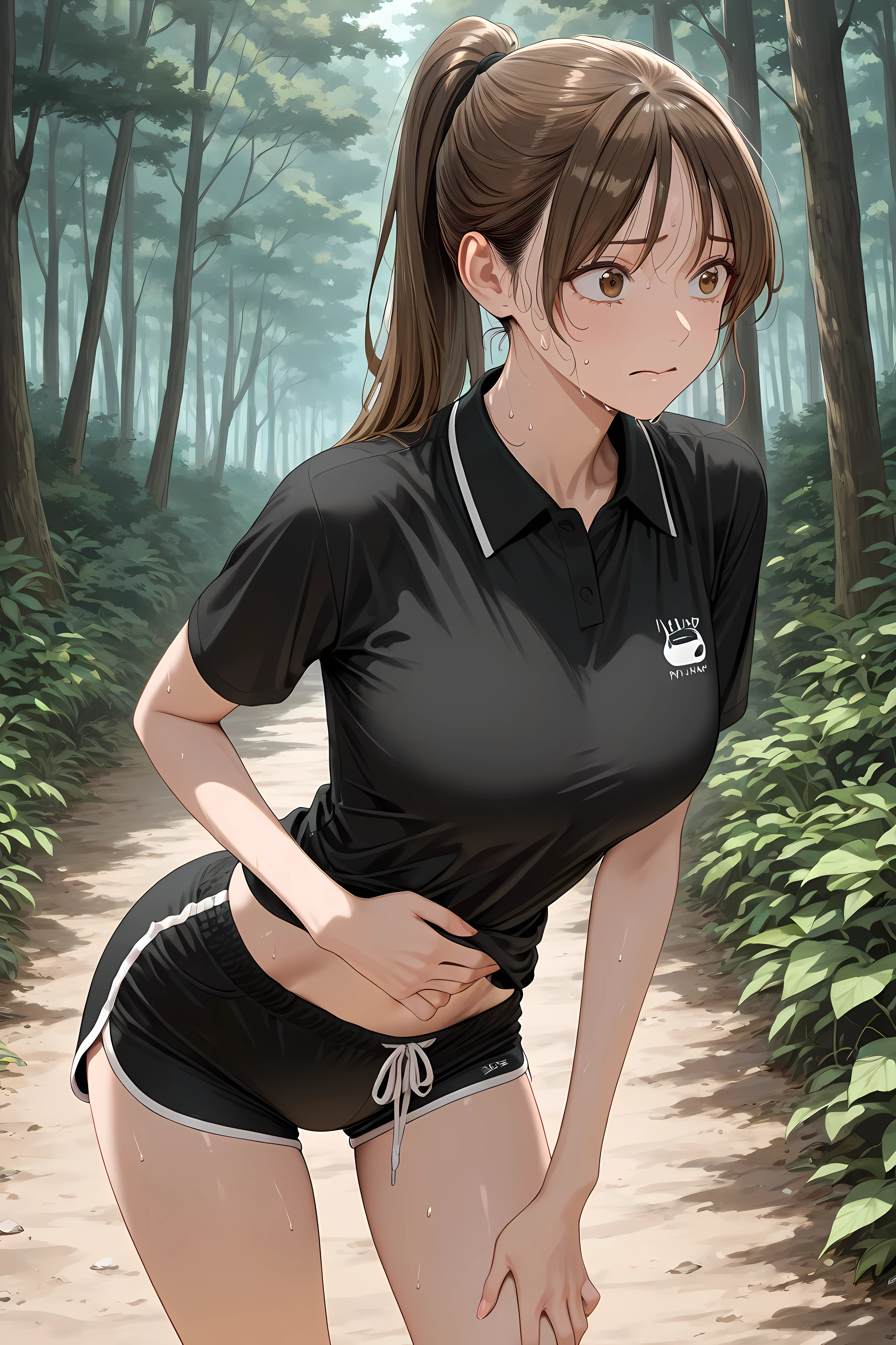 ponytail,brown hair, long hair, brown eyes,black shirt, collared shirt, short sleeves, black shorts, short shorts, dolphin shorts,
Solo, masterpiece, highres, ultra-detailed, hyper-detailed, best quality, amazing quality, very aesthetic, best hands, best eyes, best hand, detailed background,
standing, hand on own stomach, hand clutching stomach, sweat, leaning forward, scared, nervous, pale,
forest pathway,