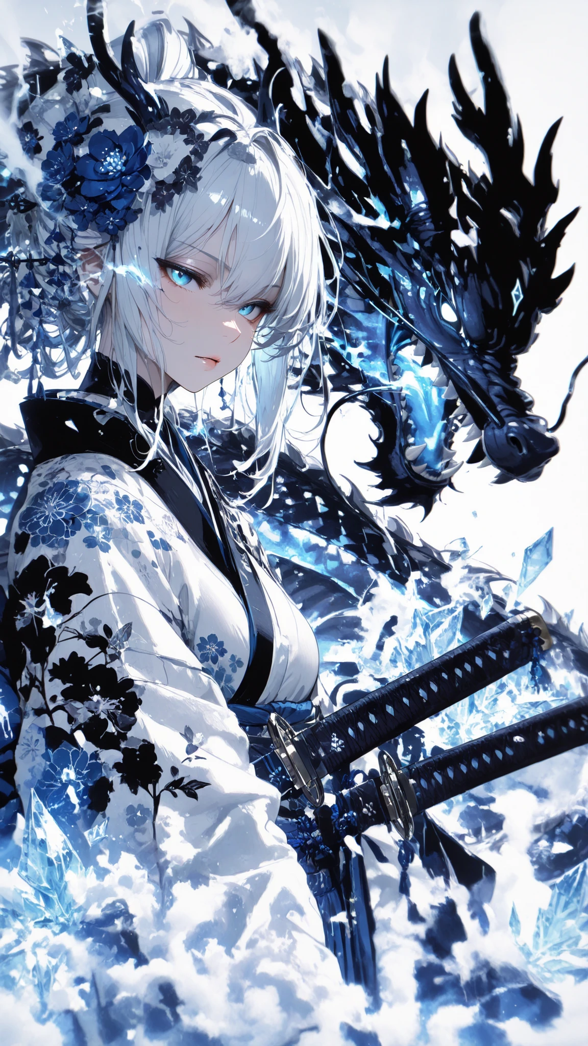 A stylized, animation-style illustration depicts a young woman with white hair and blue eyes, holding two katanas. She wears a traditional white and blue kimono,The pattern is intricate. Behind her, dark, A ferocious dragon with glowing blue eyes and mouths emerging from it, Similar to broken ice or an ethereal fog. The entire color palette is dominated by pure white, Dark Blue, And the black , CREATE A COOL STYLE, tense atmosphere. 。The composition emphasizes a woman's firm expression,The powerful presence of dragons, suggests an intense or mystical story.