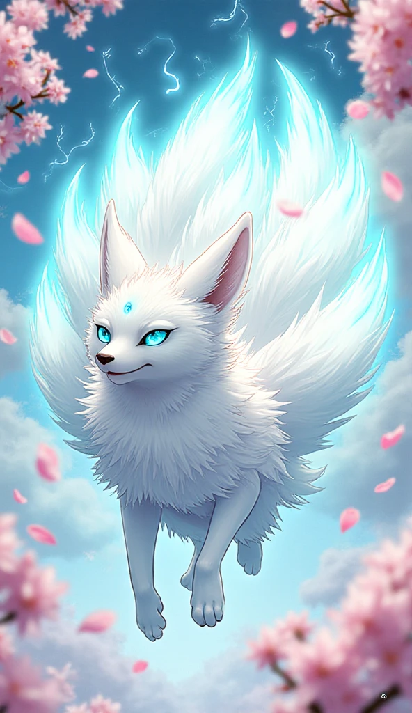 A fully animal white nine-tailed fox, completely non-humanoid, no human traits. Real animal body structure, four legs, natural fox . The fox has bright white fur with soft blue glow at the tips of all nine large fluffy tails. Magical turquoise energy wisps float around the tails. The fox has glowing cyan eyes and a mystical light mark on its forehead. Dynamic leaping pose, surrounded by cherry blossom petals, small lightning streaks and swirling clouds. Anime-style illustration, vibrant colors, clean lineart, detailed fur, fantasy atmosphere. NO humanoid features, NO human body, NO upright stance.