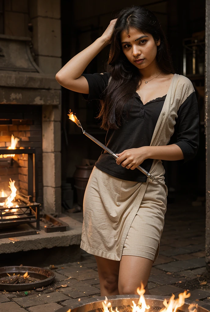 In a rugged 1800 underground silver mine, the air is crisp and infused with the earthy aroma of minerals and precious metals. The mine stretches through a labyrinth of narrow passages and expansive chambers, reinforced with robust timber supports and softly illuminated by flickering candles that cast dancing shadows on the rough-hewn walls.

Within this dynamic environment, miners diligently ply their trade alongside indispensable tools: sturdy ore carts laden with valuable silver ore, meticulously crafted hand tools echoing with the rhythm of labor, strategically placed powder kegs awaiting deployment, and steadfast wooden support beams ensuring the stability of the intricate underground infrastructure.

Amidst this bustling tableau stands a blonde woman, embodying a blend of resilience and allure amidst the demanding conditions of the mine. She is clad in practical miner's attire—a leather apron draped over clothes bearing smudges of dirt and sweat, paired with stout boots that convey both durability and functionality. Her golden hair is neatly tied back with a bandana, framing her focused expression.

With a playful smile, she engages with a powder keg, her actions animated and infused with a hint of mischief as she pretends to handle it with exaggerated care. Her eyes sparkle with amusement, adding a touch of charm and levity to the industrious atmosphere deep within the mine's bowels.

The flickering candlelight enhances the authenticity of the underground setting, casting a warm glow on the rugged rock walls and highlighting the veins of silver ore that shimmer in the dim light. This immersive environment vividly captures the allure and challenges of 19th-century silver mining, where the pursuit of precious metals drove both innovation and determination in the face of rugged adversity.

In this tableau of bustling 1800s silver mining, her presence symbolizes the tenacity and spirit of those who toiled underground, seeking fortune amidst the earth's treasures.