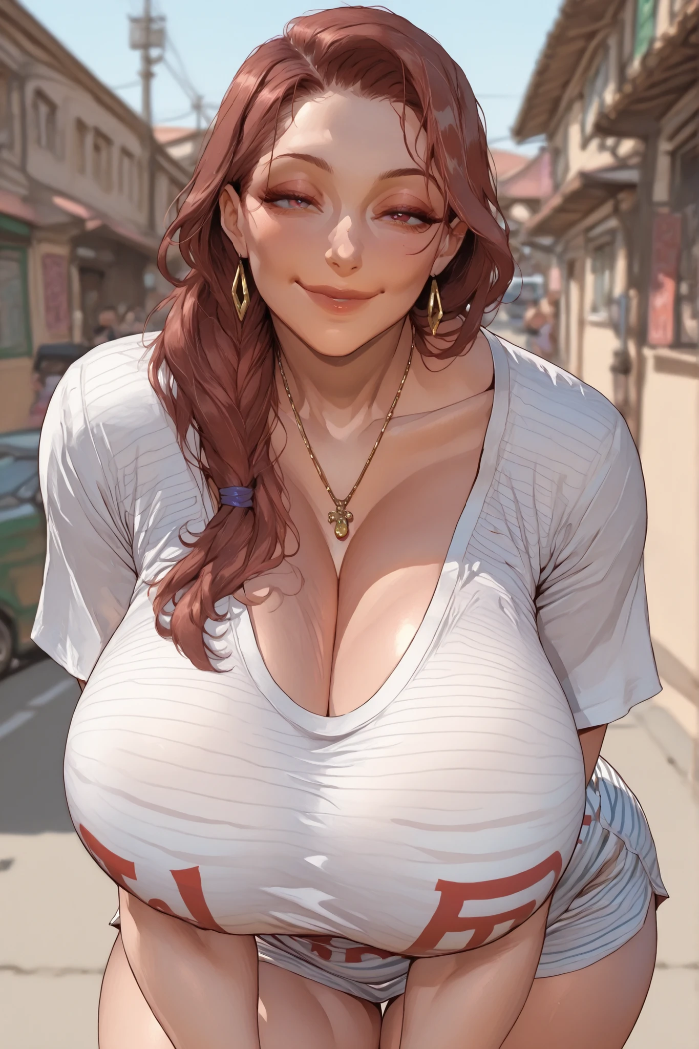 The best vantage point,facial detail,masterpiece,Depth of field of view,
1girl,viewers,has a seductive smile,
(Huge Chest:1.35), lean forward,
red and white striped t-shirt,necklace,
posture, v for viewer, erotic stance,
Taipei's Back Alley,