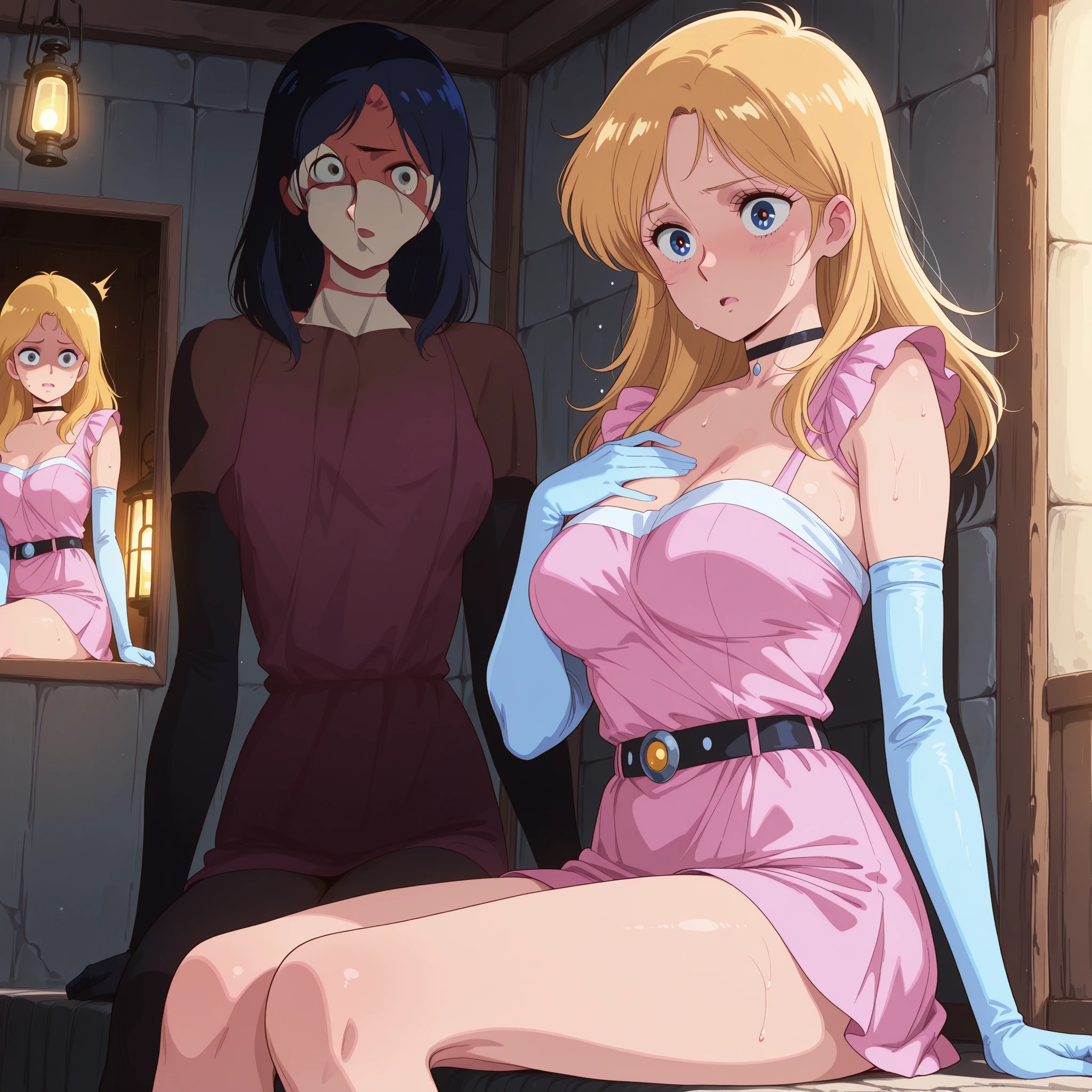 , masterpiece, (best quality: 1.2), long hair, blue eyes, green hair, worns, big breasts, evil_smile, sexy, ((NUN)), red lipstick, ((seducing a boy: 1.5)), fishnet stocking, , woman being  by a boy