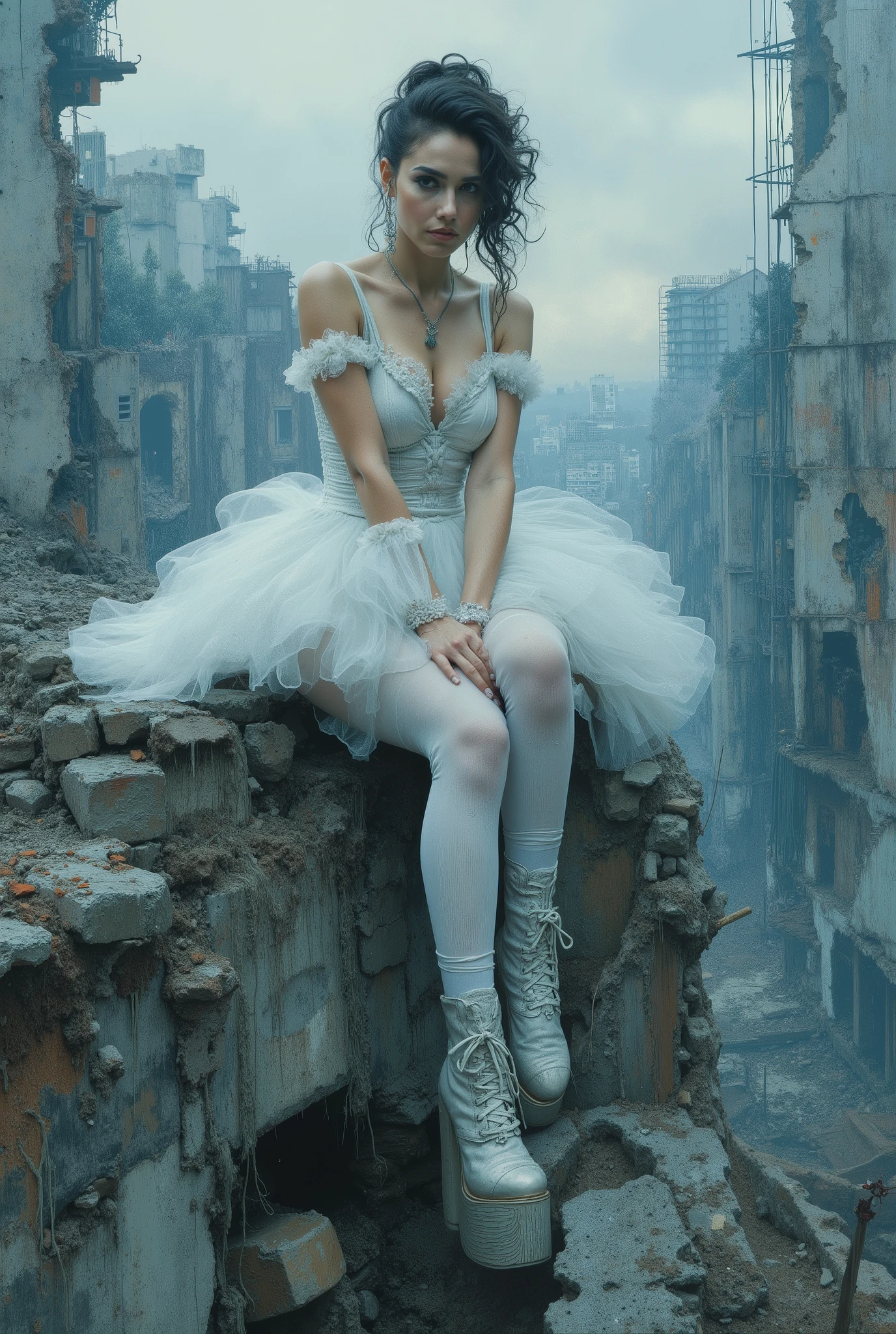 oil painting. The end of World. The digital illustration shows a beautyfull woman. She's wearing a white tutu white pantyhose and white platform boots. She is sitting on top of the ruins of high destroyed building with legs down. She has evening makeup and a hairstyle. It is wide angle shot from top. The background is a mix of abstract and urban elements, with a cool color palette dominated by shades of blue and gray. The overall style of the game is very detailed and dynamic, with an emphasis on strong and confident character behavior. Surreal digital graphics. 