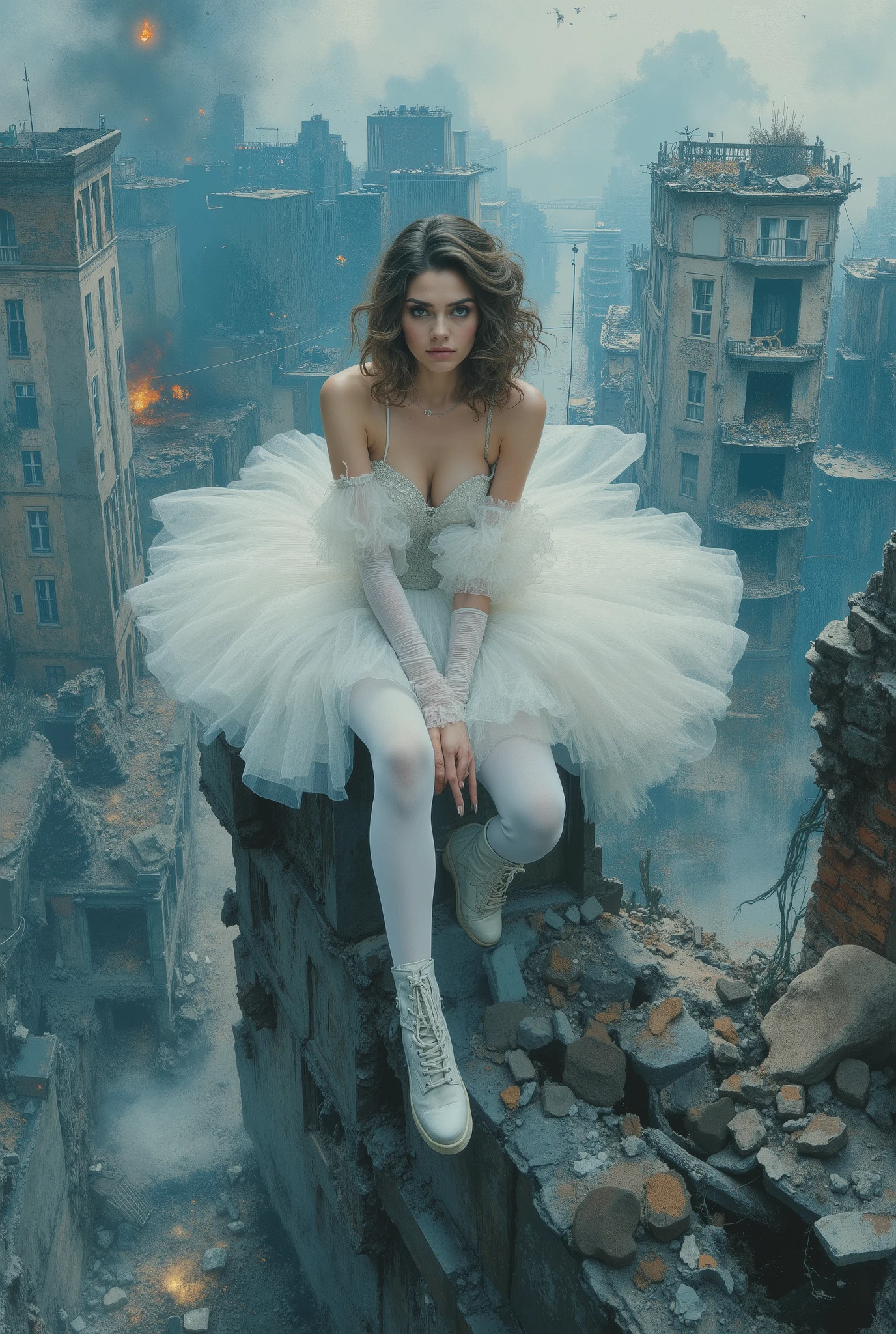 oil painting. The end of World. The digital illustration shows a beautyfull woman. She's wearing a white tutu white pantyhose and white platform boots. She is sitting on top of the ruins of high destroyed building with legs down. She has evening makeup and a hairstyle. It is wide angle shot from top. The background is a mix of abstract and urban elements, with a cool color palette dominated by shades of blue and gray. The overall style of the game is very detailed and dynamic, with an emphasis on strong and confident character behavior. Surreal digital graphics.
