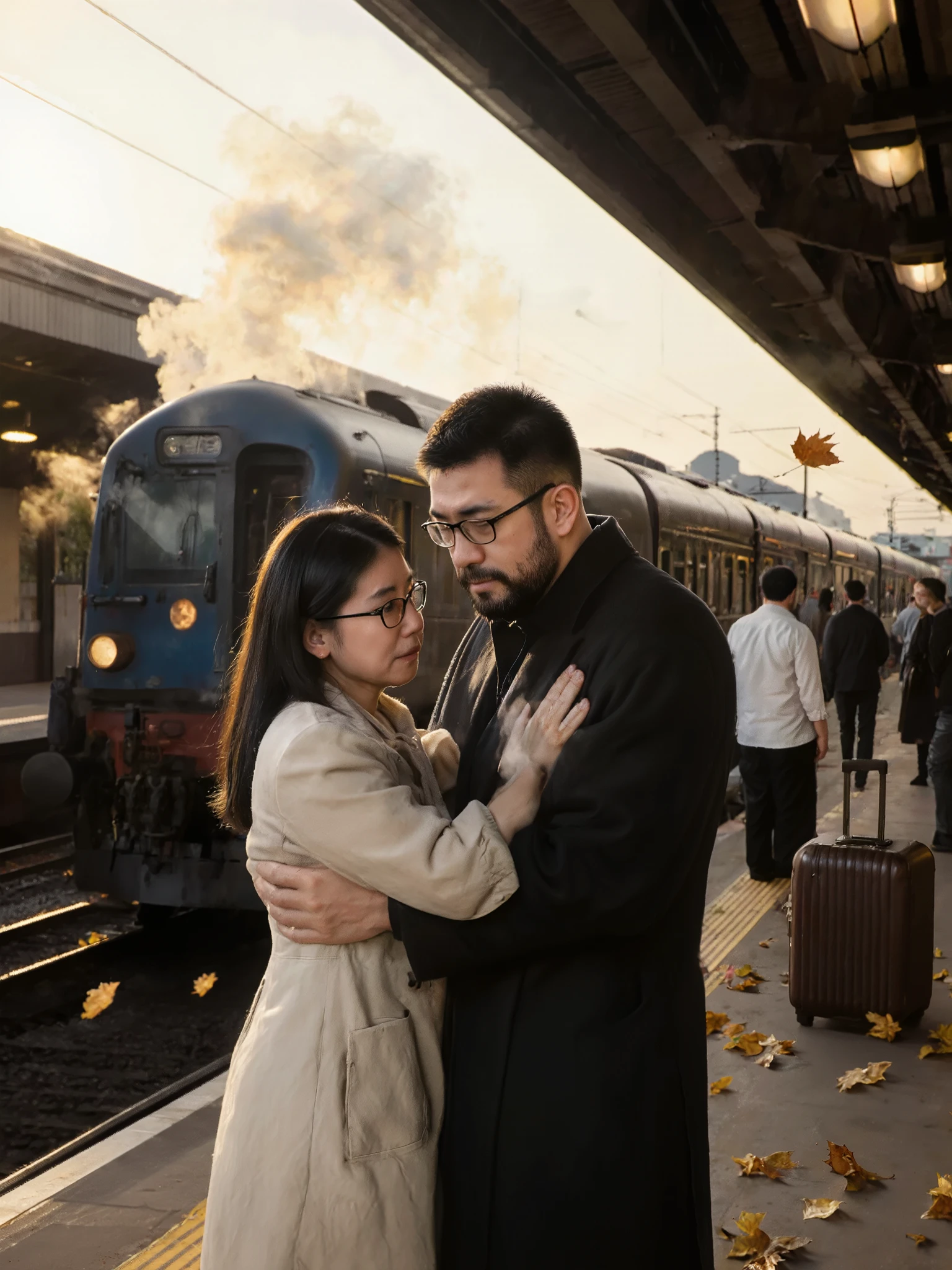 george pei, george bernard, mature Asian man, man in his 30s, Caesar haircut, rounded face, beard, short hair, beefy body type, glasses, ultra-realistic, photorealistic, dramatic scene, global-illumination, emotional farewell at train station, tearful couple embracing on platform, woman clutching man's coat, man looking back with pained expression, vintage train waiting with steam rising, golden hour sunlight streaming through station windows, long shadows, blurred crowd in background, suitcases nearby, autumn leaves blowing across platform, depth of field, cinematic composition, atmospheric lighting, emotional moment, bittersweet parting, professional photography, high resolution, sharp details, muted color palette with warm highlights, film grain, 8k quality