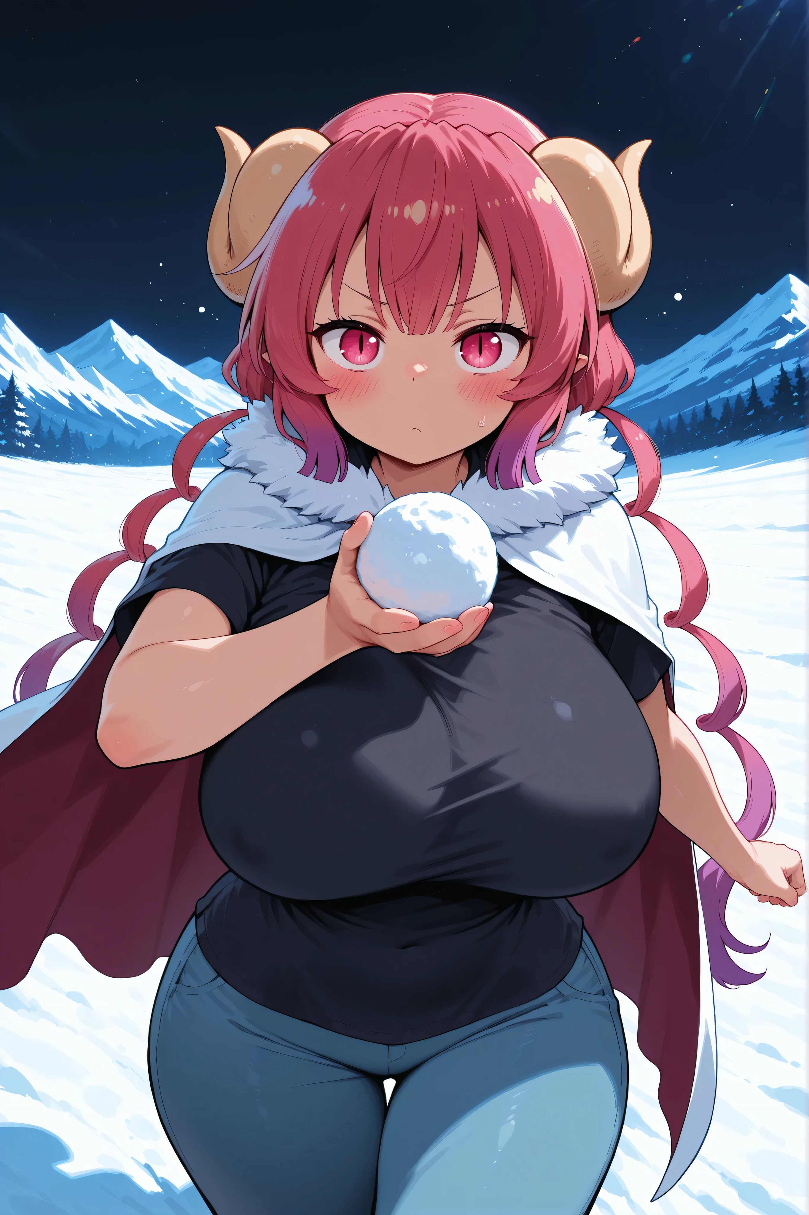 masterpiece, best quality, amazing quality, morning, very aesthetic, absurdres, newest, highly detailed, sharp focus, 8k UHD, hyper-realistic, sfw, 1girl, perfect face, cute face, round face, ilulu (maidragon), curled horns, dragon horns, long hair, multicolored hair, purple hair, wide hips, pink eyes, red hair, curvy, split pupils, wide hips, heavy blush, joyful, funny, looking at viewer, shirt, short sleeves, black shirt, cape, running on snow, snow background, mountain, snowball on hand, winter, symmetrical focus, frontal, simple black background, dynamic pose, vibrant colors, soft lighting, cinematic atmosphere, intricate details, (detailed background:1.2), (perfect anatomy:1.3), (expressive eyes:1.2)