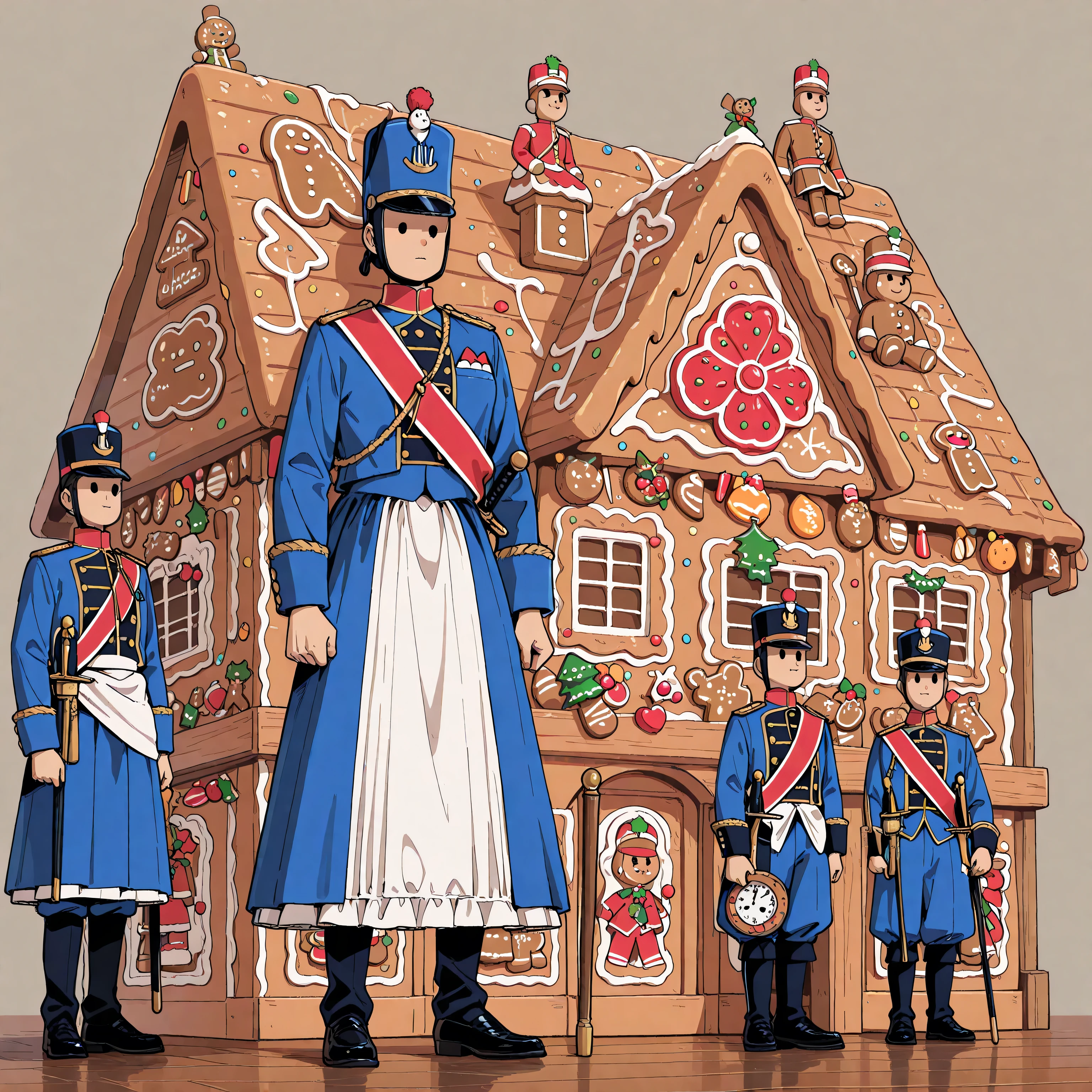 A classic Nutcracker Soldier in a splendid uniform, standing guard in front of the gingerbread house