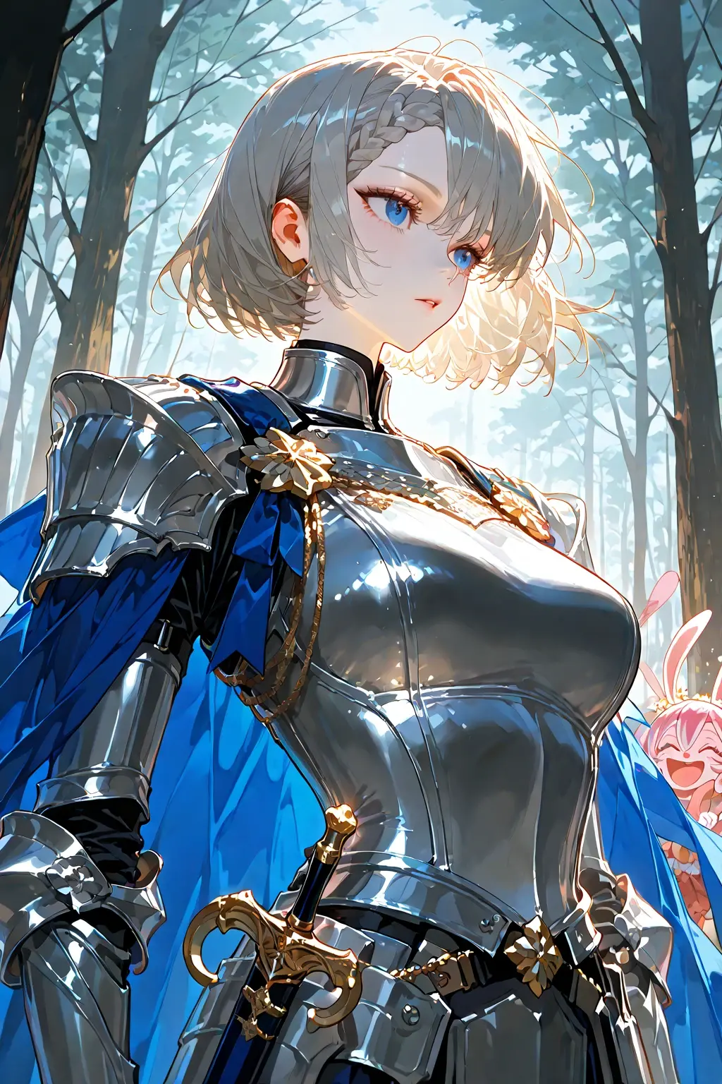 Ultra detailed, Highres, absurdres, HDR, Arthuria Pendragon, blond hair tied in a bun, aqua eyes, Fate Grand Order, blue dress, silver armor, holding a sword, beautiful, 1 woman only, magical circle, butterflies,