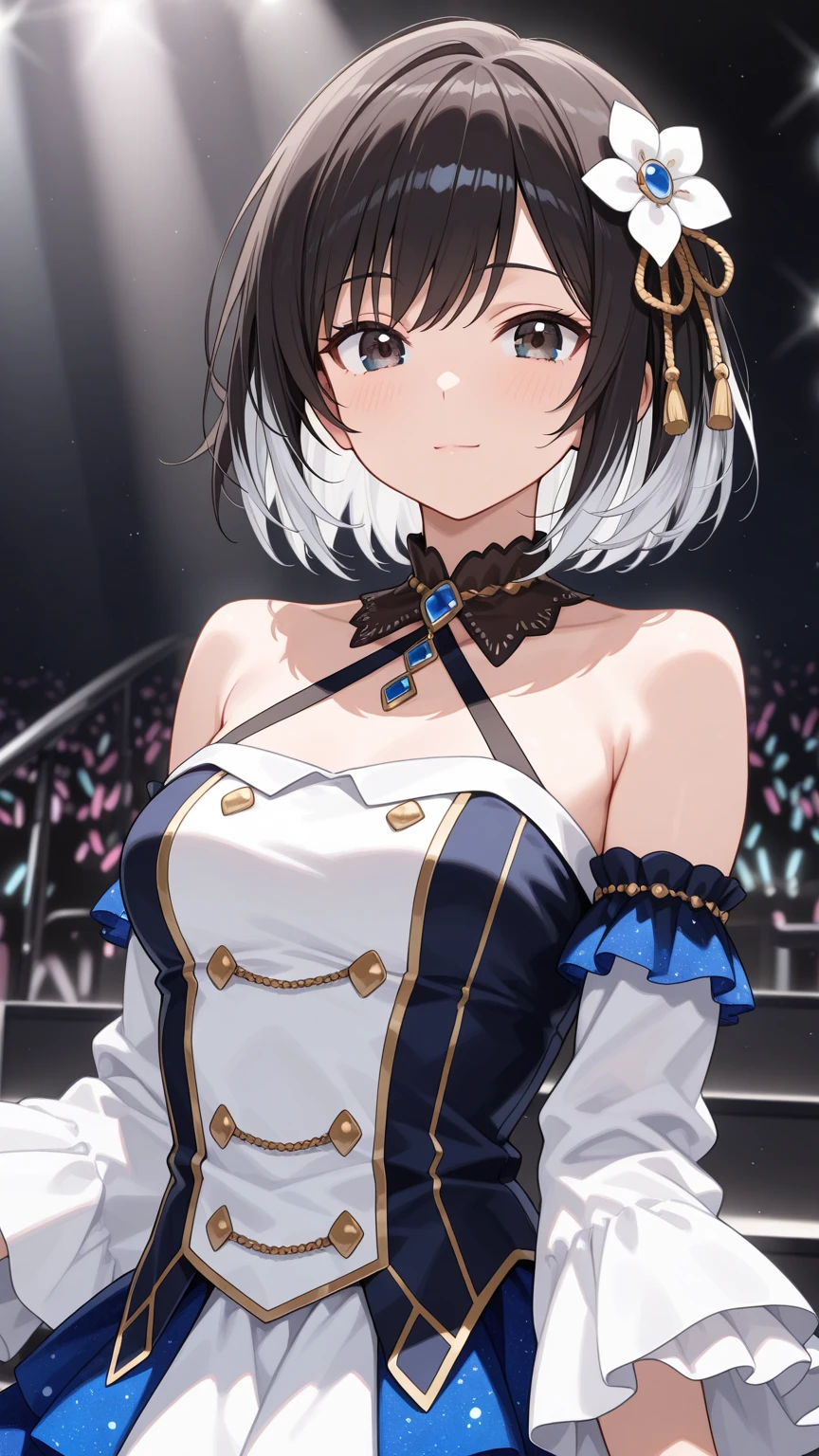 master part, best quality, Altas, RAM1, 1girl, sozinho, Rem \(re:zero\), cabelos azuis, coxas brancas, short hair, olhos vermelhos, hair is left one eye, ribbon trim, fita de cabelo, x ornamento de cabelo, Frescuras, Loan headdress, avental de cintura, garter straps, preta tape, , clivagem, mangas compridas, Avental branco, neck ribbon, Fita roxa, mangas largas, Flor do cabelo, dentro, sentado, pernas cruzadas,