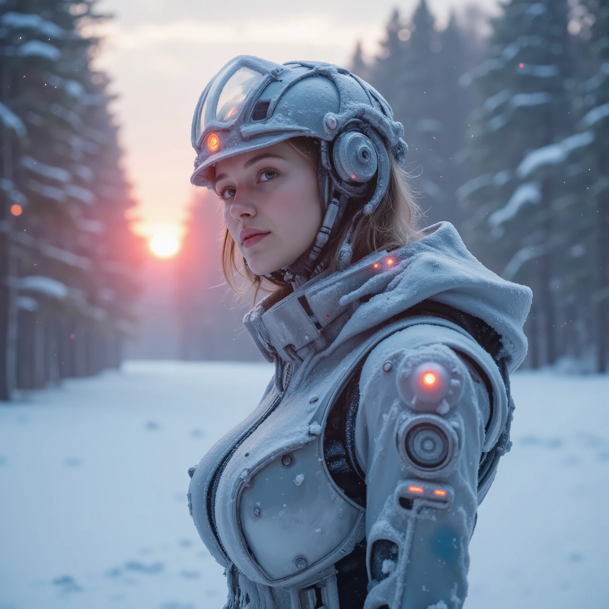 Highquality epic monumental photo, photorealistic sideview, full body capture of a young woman looking generous into camera, standing with her silver female android suit is covered in ice and frozen, far advanced technology futuristic android with visible gears and lights, closed metal and glass helmet, clear standing inmidst snowy winter forest in the red light of a sinking sun, icy, extremely cold air, visible breath, ((((hyper detailed)))), ultra sharp focus, 8k, uhd, photorealistic