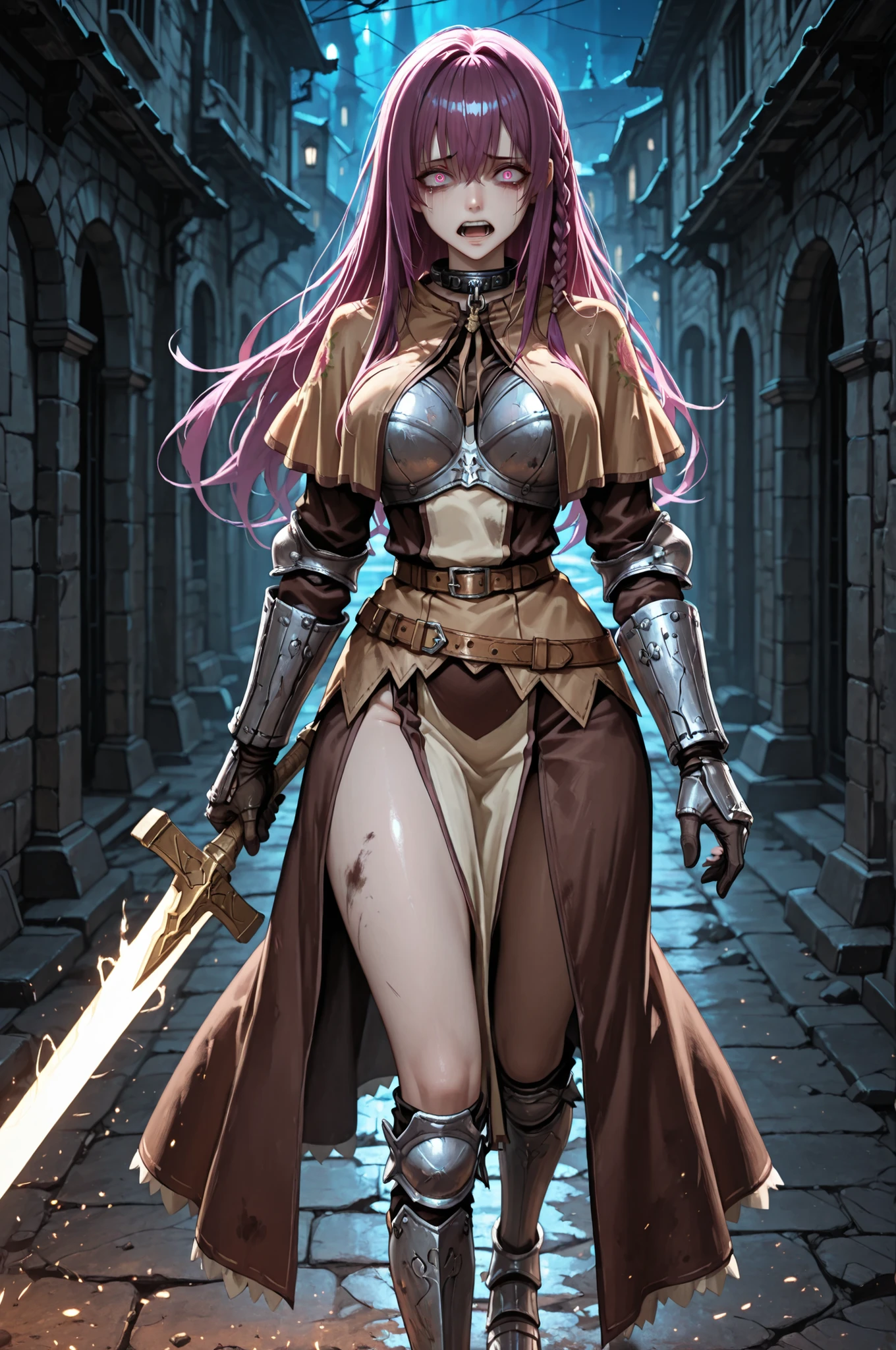 fantasy, dramatic scene, tragic heroine, expert shading, 1girl, mature, full body engulfed in dark miasma, dirty skin and outfit, swdro, elegant, long hair, side braid, sidelocks, glossy purple hair, yandere gaze, enraged, tears, defined eyelid crease, natural facial proportions, refined neutral expression, refined mouth and nose, slave's collar, realistic texture with dust all over her body, gritty fabric texture, breastplate, large chest, brown capelet, upper dress, belt, armored gloves, gauntlet, gloves, holding enchanted sword, slim waistline, beautiful thighs and legs, greaves, walking toward viewer, night, dark, desolated dungeon background, vibrant, dim light, eerie atmosphere, best quality, (masterpiece, detailed:1.2), absurdres, UHD, 8k, ultra-detailed