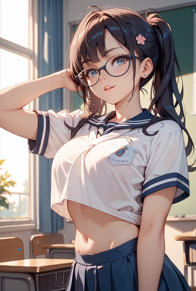 highest quality、High resolution、Detailed Background、(Beautiful face in every detail:1.4)、Anatomically correct、Cute hair colour、Teenage Girl、Glasses、Sailor suit、classroom、(A girl looking back from directly below.4)、(:1.2)、Cute gestures、A big smile