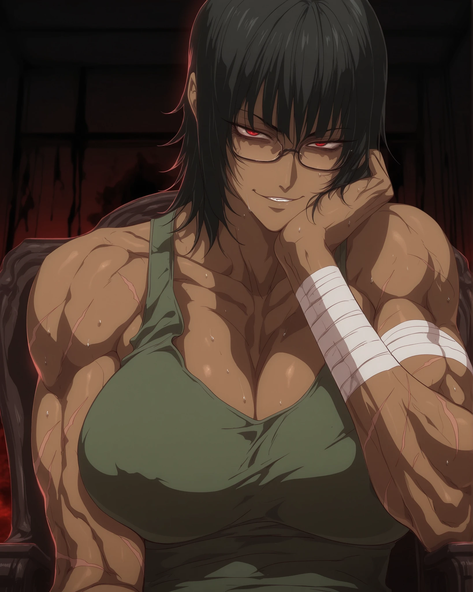 dark_art_style,(mazjojo:0.67), (pigeon666:0.83), fujii eishun, best quality,apocalypse,dark room,1girl,mature female, dark skin, black hair,wolf cut,muscular, red eyes, hot, milf body, milf,big breast,big thighs,Green tank top,bandages on arm,bloody,upper body,hands on chin,smirking,sharp eyes,glasses,old,scars,sitting on chair