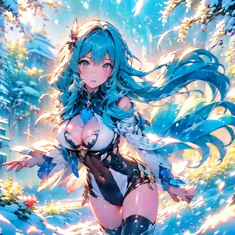 Anime, woman, long hair, pale blue hair, pink eyes, gently, earrings, big boob, wearing a black dress, beautiful, elegant, pure, fantasy, ice, snowflake, snow land, cool, noble,