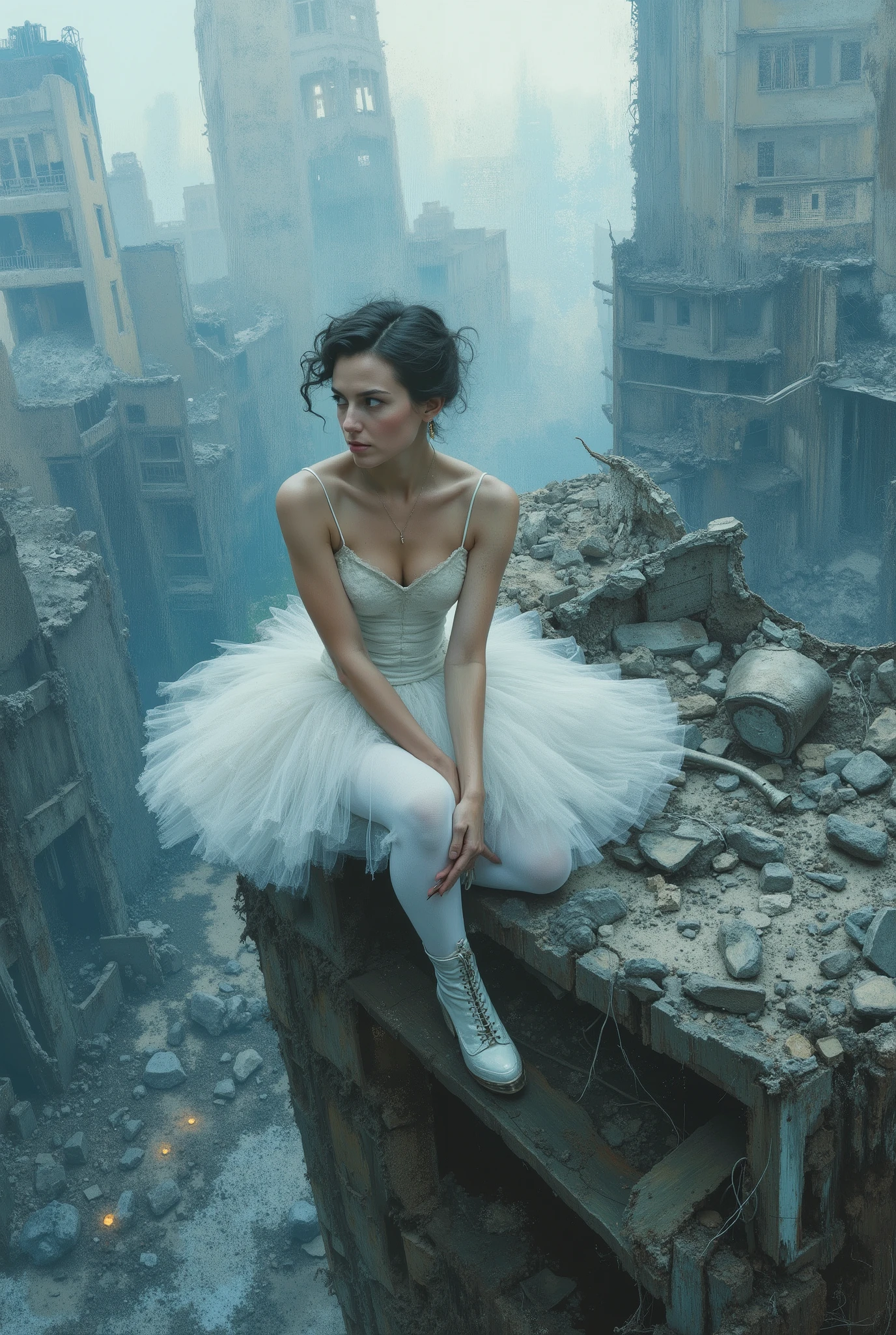 oil painting. The end of World. The digital illustration shows a beautyfull woman. She's wearing a white tutu white pantyhose and white platform boots. She is sitting on top of the ruins of high destroyed building with legs down. She has evening makeup and a hairstyle. It is wide angle shot from top. The background is a mix of abstract and urban elements, with a cool color palette dominated by shades of blue and gray. The overall style of the game is very detailed and dynamic, with an emphasis on strong and confident character behavior. Surreal digital graphics.