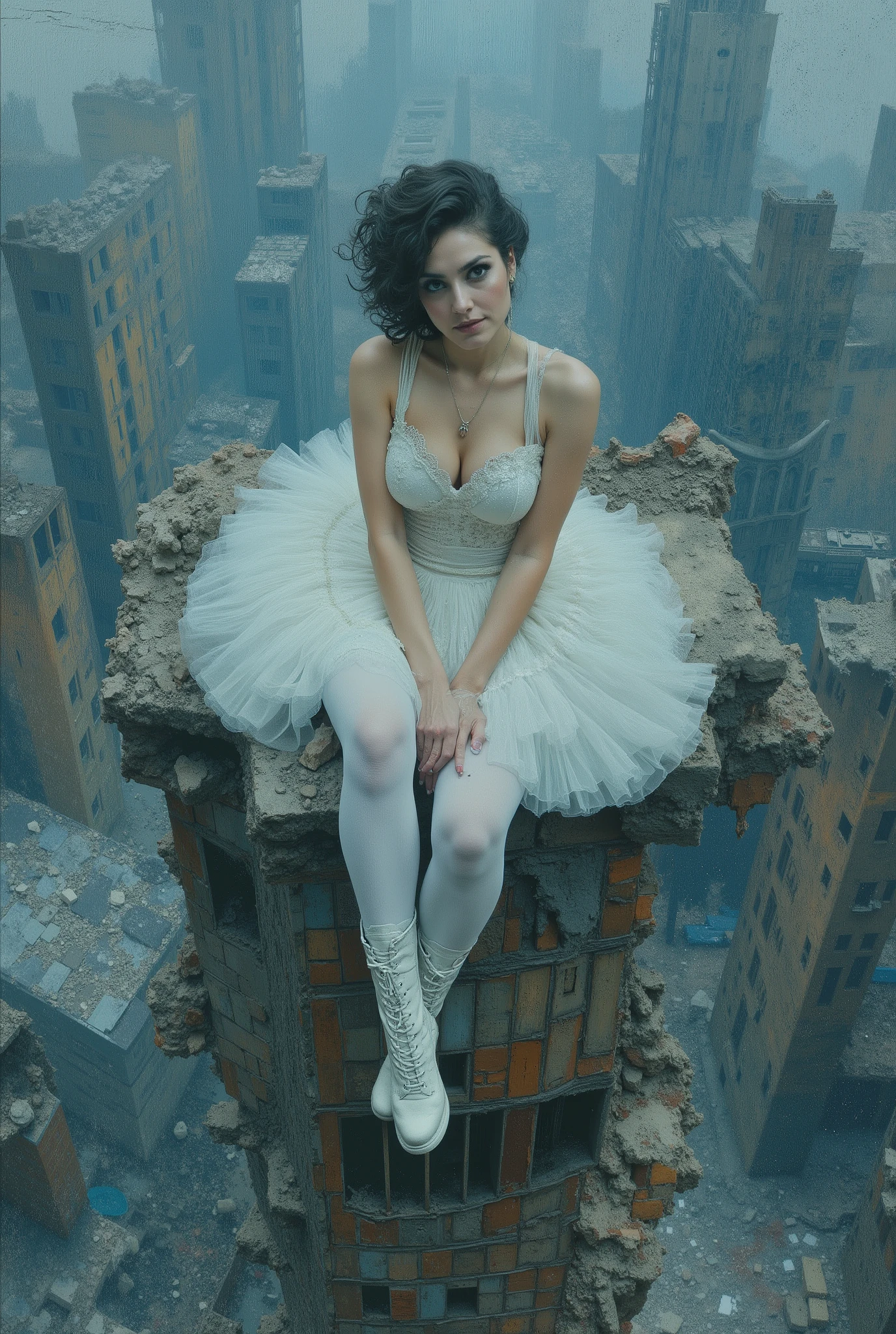 oil painting. The end of World. The digital illustration shows a beautyfull woman. She's wearing a white tutu white pantyhose and white platform boots. She is sitting on top of the ruins of high destroyed building with legs down. She has evening makeup and a hairstyle. It is wide angle shot from top. The background is a mix of abstract and urban elements, with a cool color palette dominated by shades of blue and gray. The overall style of the game is very detailed and dynamic, with an emphasis on strong and confident character behavior. Surreal digital graphics. 
