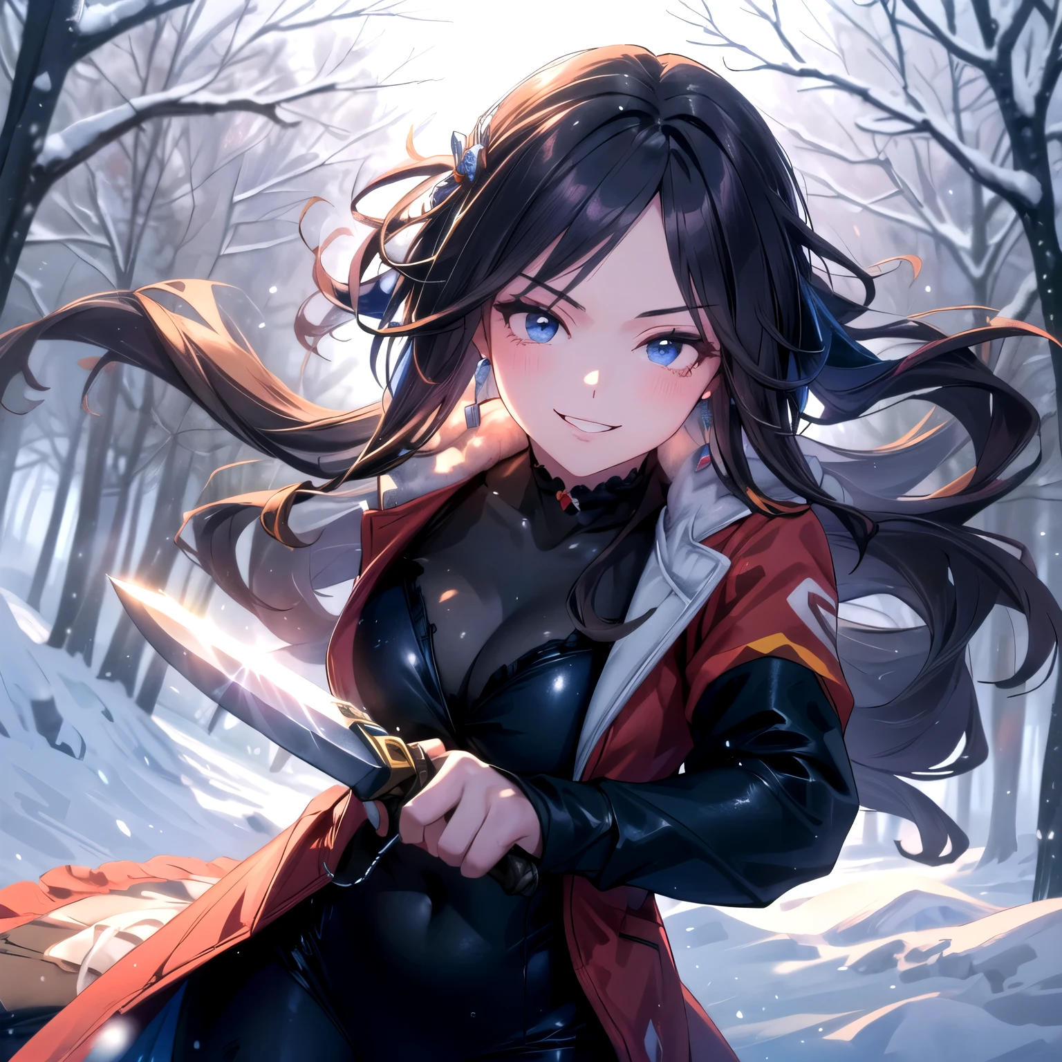 (The theme of this work is "Snow Survival Game." Think about sports and non-sports you might enjoy on the snow. Survival knife battles in a snowy forest in the middle of winter, sword slashing action, dark blue suit: 1.3)
(Moonlit night, large breasts, Lolita, solo, female, blushing, baby face, small face, small head, blue eyes, large eyes, lustful expression, smiling, gums, dark blue hair, wavy long hair, large hair accessories, large earrings, survival knife, dark blue suit, heavy winter dress, heavy winter skirt, heavy tights: 1.2)
(Dynamic, active angles, focus on breasts: 1.2)
(Anime style, anime shadows, anime lighting, anime glow, vibrant artwork: 1.2)
(UHD, Retina, masterpiece, accurate, anatomically accurate, textured skin, ultra-high definition, high quality, award-winning, top quality, high resolution: 1.2)