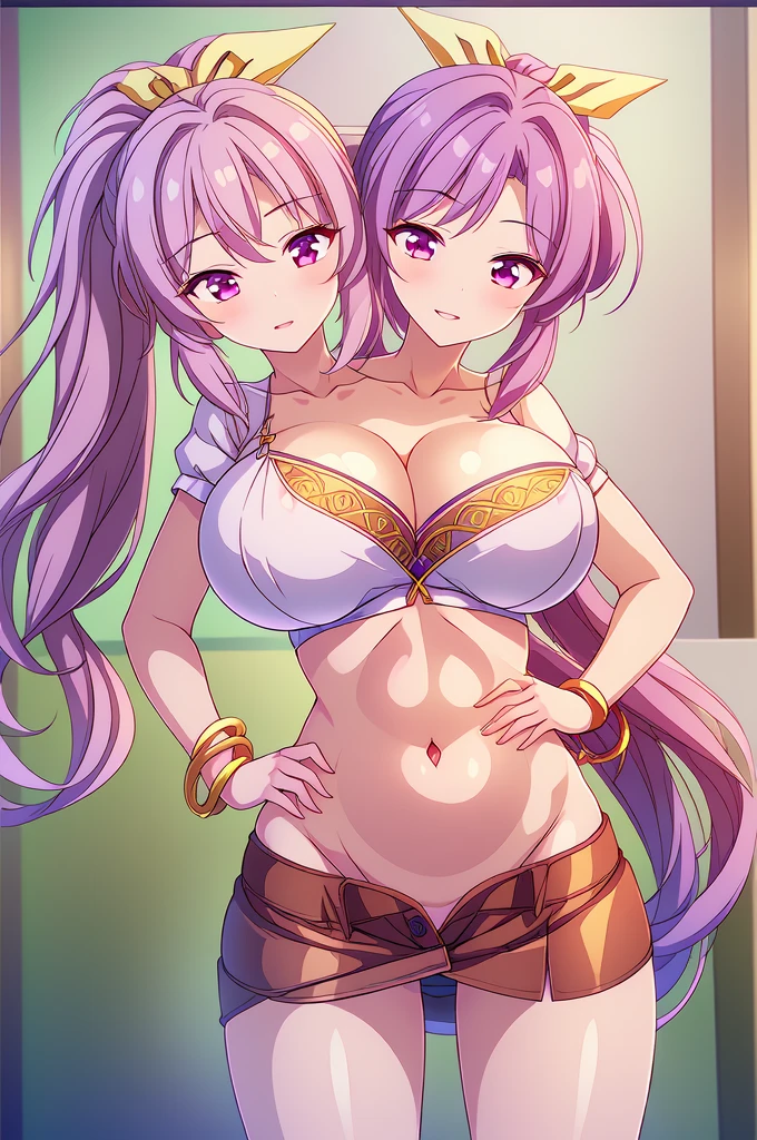 (masterpiece, best quality), best quality, (ultra-detailed), (3heads:1.5), 1girl, (joon yorigami:1.3), masterpiece, best quality, (high quality), (high resolution), (best quality:1.5, highres, UHD), highres, absurdo, ultra detail, ultra quality, ultra resolution, light pink and purple top, crop top, ((stomach)), midriff, ((groin)), light pink skirt, normal ears, , light-brown hair, very long hair, wavy hair, sidelocks, orange eyes, parted lips, drills, sweat, cute, toned belly, hand on own chest, eyelashes, (25 year old woman:1.3), (masterpiece:1.5), (best quality:1.5), (beautiful detailed), extremely detailed CG, extremely delicate and beautiful, depth of field, (finely detailed face), (perfect details:1.2), (mature female:1.3), wide pelvis, slender, large veiny breast, 16k resolution, highres, very high quality, very high definition, extremely detailed, masterpiece, light-brown hair, long hair, alluring presence, braid, short skirt, close up, very big tits, huge tits, young, midriff, , open belly
