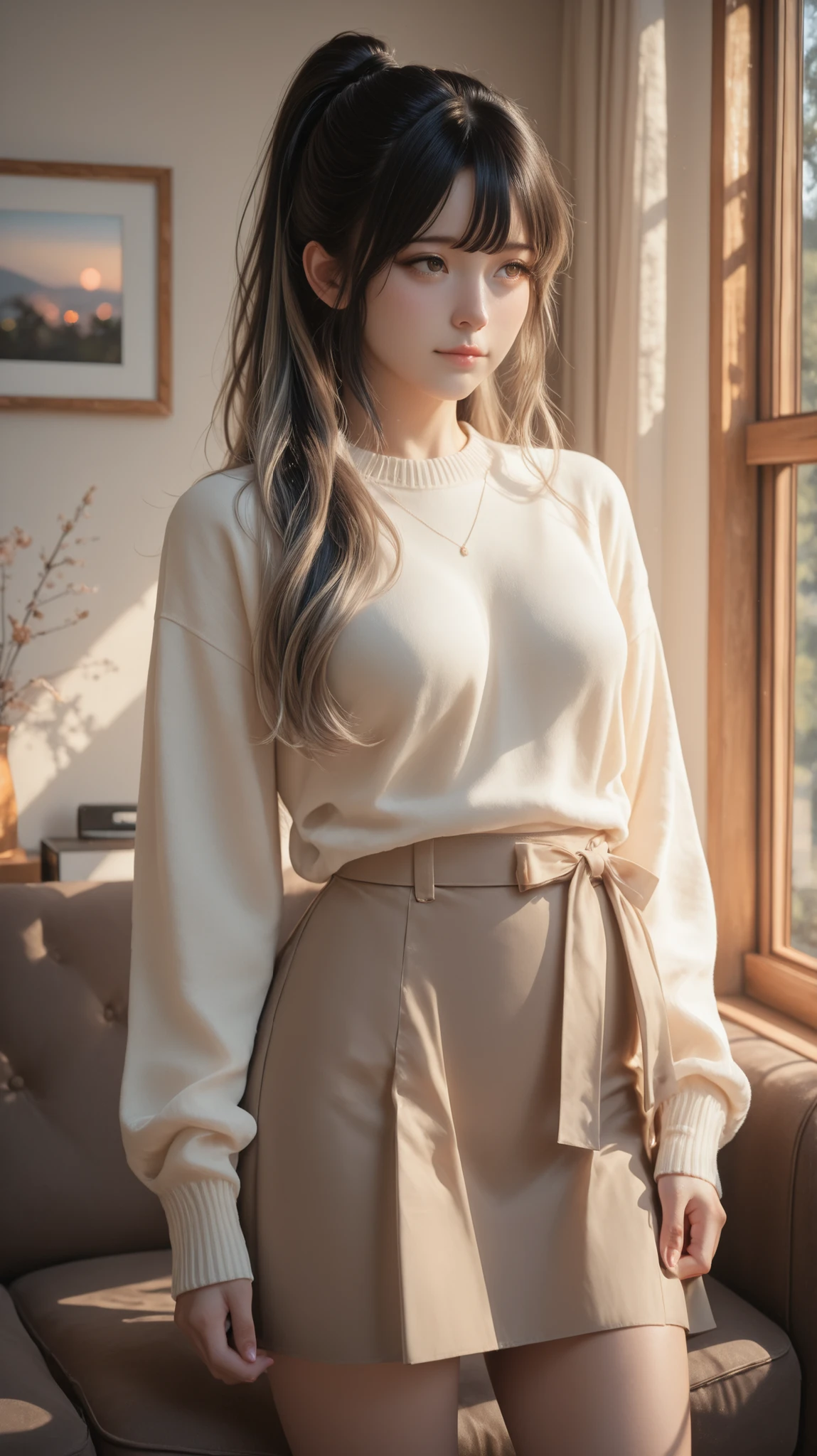 A realistic digital photograph of a young japanese girl with absolutely long hair reacheding her hip, silky black hair, bang hair. curl softly. in her early twenties, her breasts are pretty small,
with very long ash beige hair that glows in the morning sunlight and soft brown upturned eyes filled with warmth and calmness.
She has a small graceful nose and a serene, tender expression.
She stands gracefully near a sunlit window in a cozy modern living room,
wearing office casual, a sweater and a skirt of above-knee length that moves lightly with the air.
The morning light gently illuminates her silhouette, creating a dreamy, cinematic feeling.
The scene is filled with natural wooden textures, soft fabrics, and warm golden tones —
evoking peace, warmth, and quiet intimacy.
Cinematic lighting, soft focus, high realism, 8K detailed rendering, morning atmosphere, natural light photography. high ponytail.