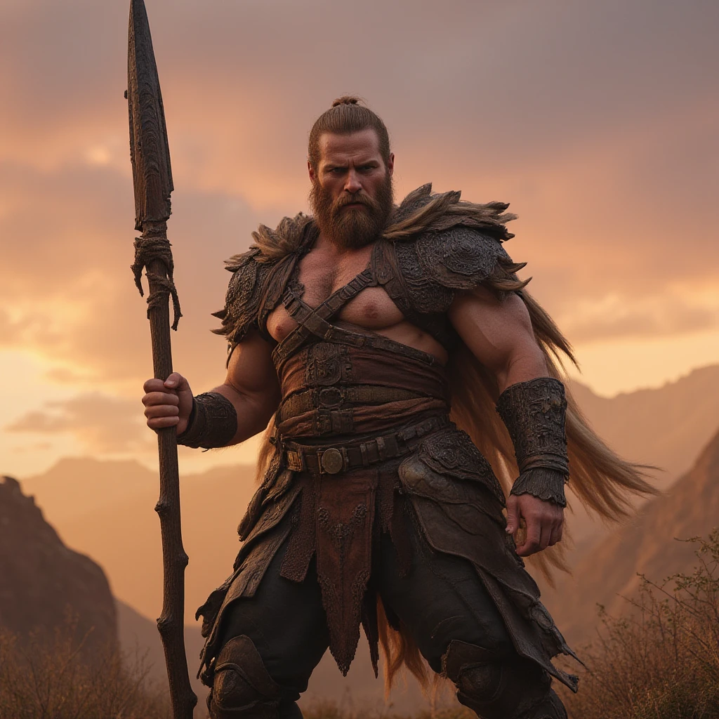 A man with long hair and beards in a warrior outfit - SeaArt AI