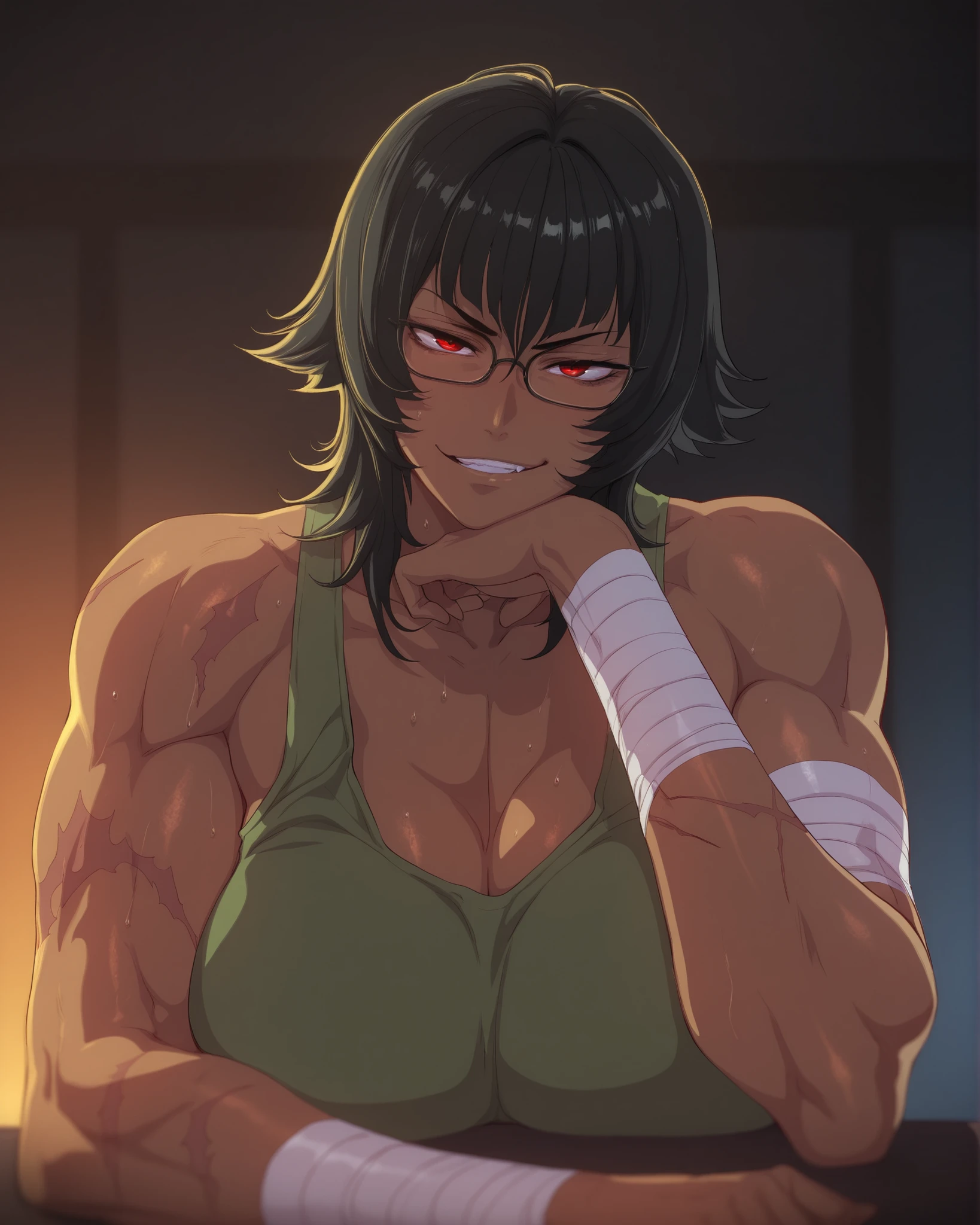 blaash,thick thighs,(mazjojo:0.67), (pigeon666:0.83), fujii eishun, best quality,apocalypse,dark room,1girl,mature female, dark skin, black hair,wolf cut,muscular, red eyes, hot, milf body, milf,big breast,Green tank top,bandages on arm,bloody,upper body,leaning on table,smirk,glasses,old,scars,hand on chin