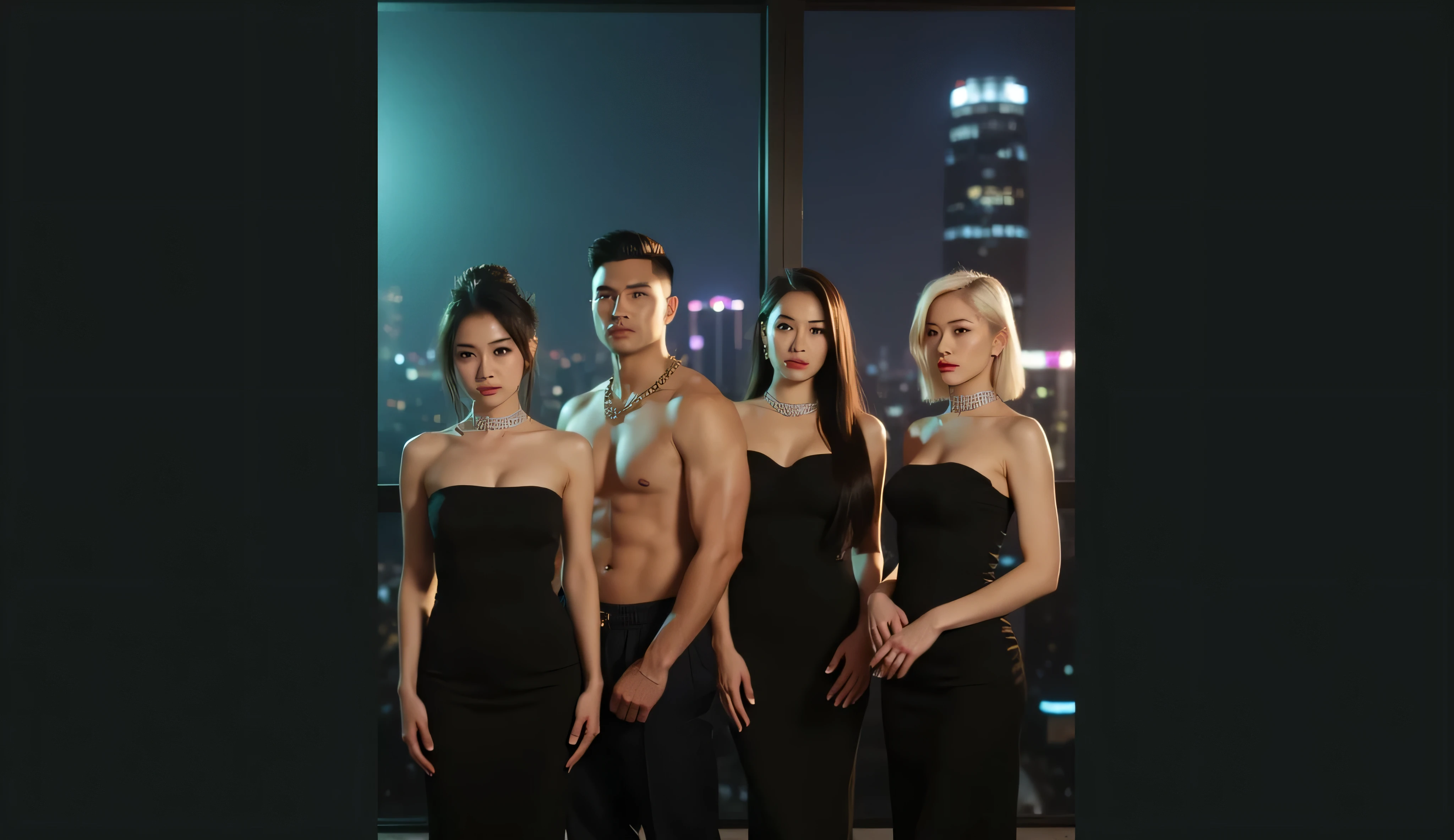 masterpiece, best quality, ultra-detailed 8K, cinematic lighting, four people standing together in a luxurious penthouse, floor-to-ceiling windows with vibrant Hong Kong nighttime cityscape, neon lights, teal and purple bokeh, cool blue ambient mixed with warm interior spotlights, glossy skin, oily shine, high fashion photoshoot vibe,

Person 1 (left): [attach updo girl reference], exact face and likeness, playful expression, elegant top-knot updo, wearing tiny white micro , sparkling diamond choker necklace, toned perfect body, glossy skin,

Person 2 (center): [attach man reference], exact face and likeness, no changes, dark brown hair with undercut, wearing tailored midnight-blue suit with elaborate gold baroque embroidery on lapels and sleeves, black dress shirt unbuttoned at top, thick gold chain visible, confident pose with arms around the girls,

Person 3: [attach tan long-black-hair girl reference], exact face and likeness, long straight black hair, deep tan skin, wearing identical tiny white micro , diamond choker necklace, perfect hourglass figure, glossy skin,

Person 4 (right): [attach platinum blonde bob girl reference], exact face and likeness, fair-skinned East Asian woman, sleek platinum blonde straight bob, wearing same tiny white micro , layered thin gold and diamond necklaces, perfect figure, glossy skin,

group pose with the man in the center and girls pressed close to him, light hand placement on waist/hips,  but classy atmosphere, sharp focus, realistic textures, reflective floor

Negative prompt: blurry, deformed, extra limbs, wrong faces, Caucasian features on Person 4, black bikinis, casual clothes, ugly, old, child, text, watermark