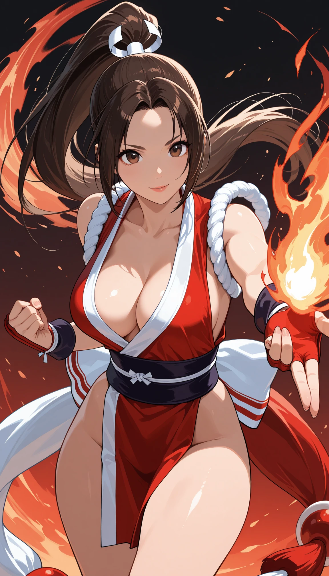 score_9, score_8_up, score_7_up, score_6_up, source_anime, BREAK masterpiece PonyShiranui, revealing clothes, japanese clothes, cleavage, pelvic curtain,  dynamic pose, simple background, fire, large breasts, extra detail, intricate detail, smile, looking at viewer, 