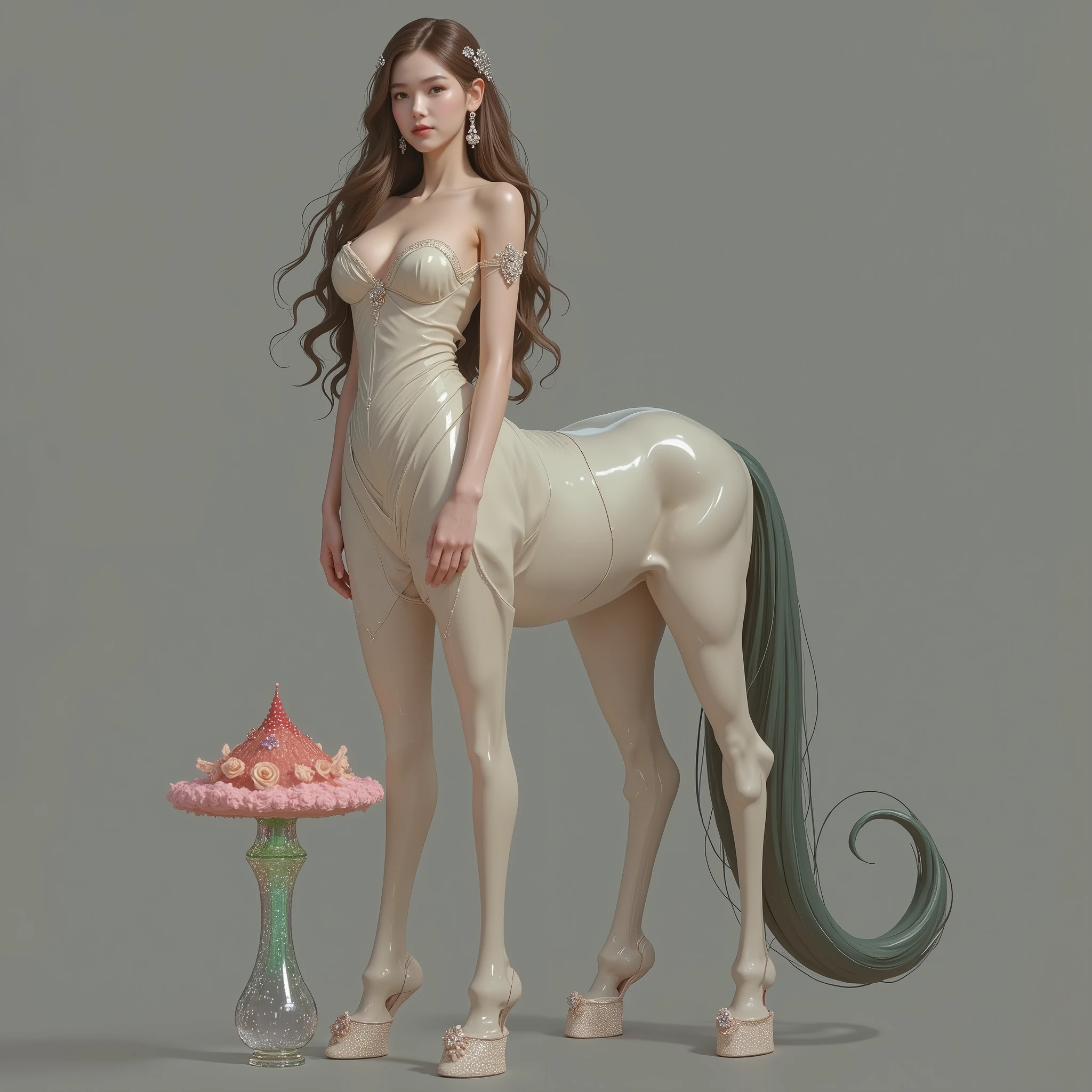 masterpiece after sex,( are of the best quality:1.3),Centaur Girl,Centaur Girl(( masterpiece after sex)), best quality,absurd,Super Fine,(Full Body:1.5), Golden Ratio , Super cute beautiful asian girl , very beautiful bright violet eyes , Beautiful colored shiny brown hair ,tall ponytails,good body shape,fit, perfect body ,( in a stately and elegant royal Cinderella court evening dress:1.5), Huge puff sleeves and thin waist , Decorated with a bow ,Embroidery and jewelry,Long white gloves , pearl necklace and earrings , Delicate Hair Accessory ,( pink crystal heels :1.8),Dark theme elements , pencil sketch ,( Rococo Style , , modern, ultra HD, is anatomically correct, precise, textured skin, 8,000)