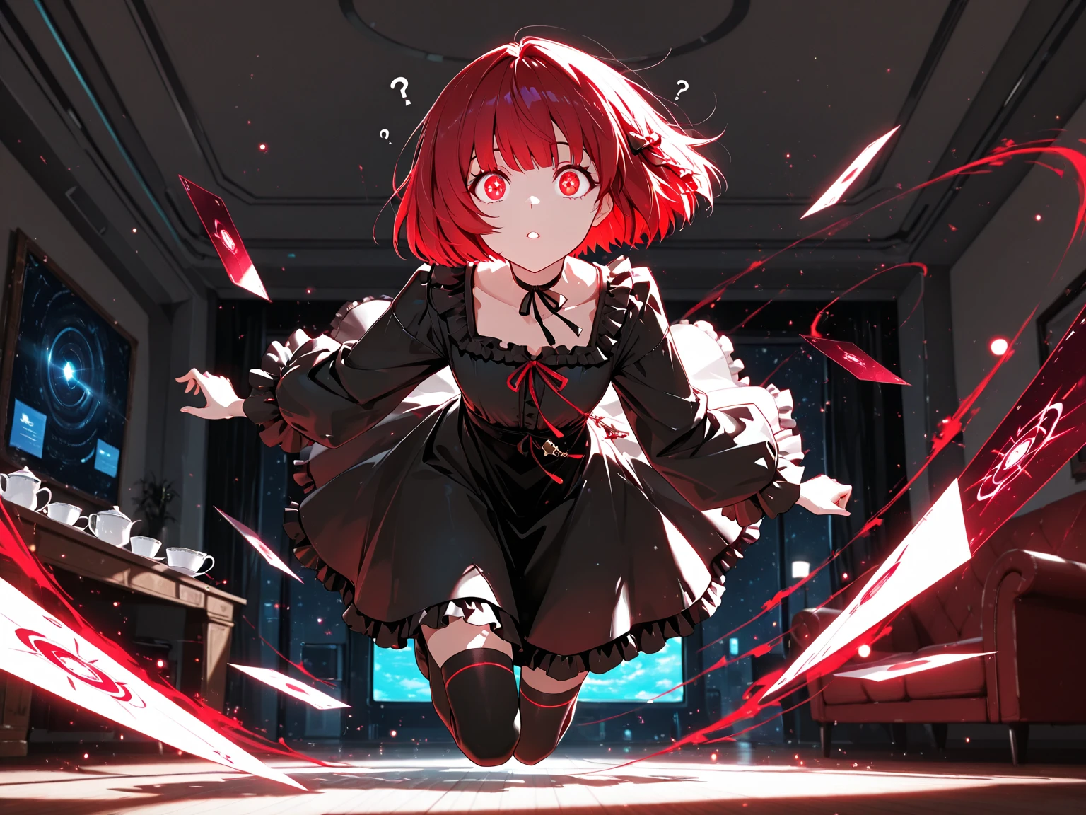 Anime girl, in a short , Camera view from below, Black and red hair. 4K 3D