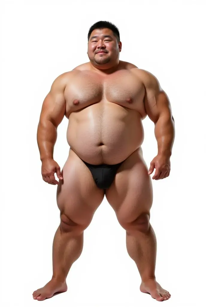 black hair, middle-aged man, individual, male, Muscular wrestler, muscular, Stout wrestler, Asian, Japanese, uncle, 55 year old middle-aged man, short hair, short hair, yellow wrestling boots, full body portrait, shadow, Vision, yellow briefs, obesity, 45 years old, short beard, middle-aged man, tattoo, fingerless gloves, Wheat skin, shiny skin, dark skin, Show your pectoral muscles, sumo wrestler, bodybuilder, wide temples, Visible abdominal muscles, Smile, Fine hands, solid color background, pure white background, Surrealism, Panorama, 8k, super detail，