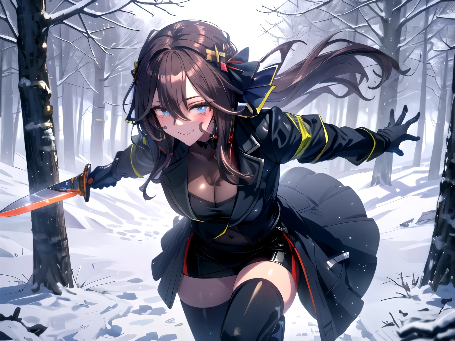 (The theme of this work is "Snow Survival Game." Think about sports and non-sports you might enjoy on the snow. Survival knife battles in a snowy forest in the middle of winter, sword slashing action, dark blue suit: 1.3)
(Moonlit night, large breasts, Lolita, solo, female, blushing, baby face, small face, small head, blue eyes, large eyes, lustful expression, smiling, gums, dark blue hair, wavy long hair, large hair accessories, large earrings, survival knife, dark blue suit, heavy winter dress, heavy winter skirt, heavy tights: 1.2)
(Dynamic, active angles, focus on breasts: 1.2)
(Anime style, anime shadows, anime lighting, anime glow, vibrant artwork: 1.2)
(UHD, Retina, masterpiece, accurate, anatomically accurate, textured skin, ultra-high definition, high quality, award-winning, top quality, high resolution: 1.2)