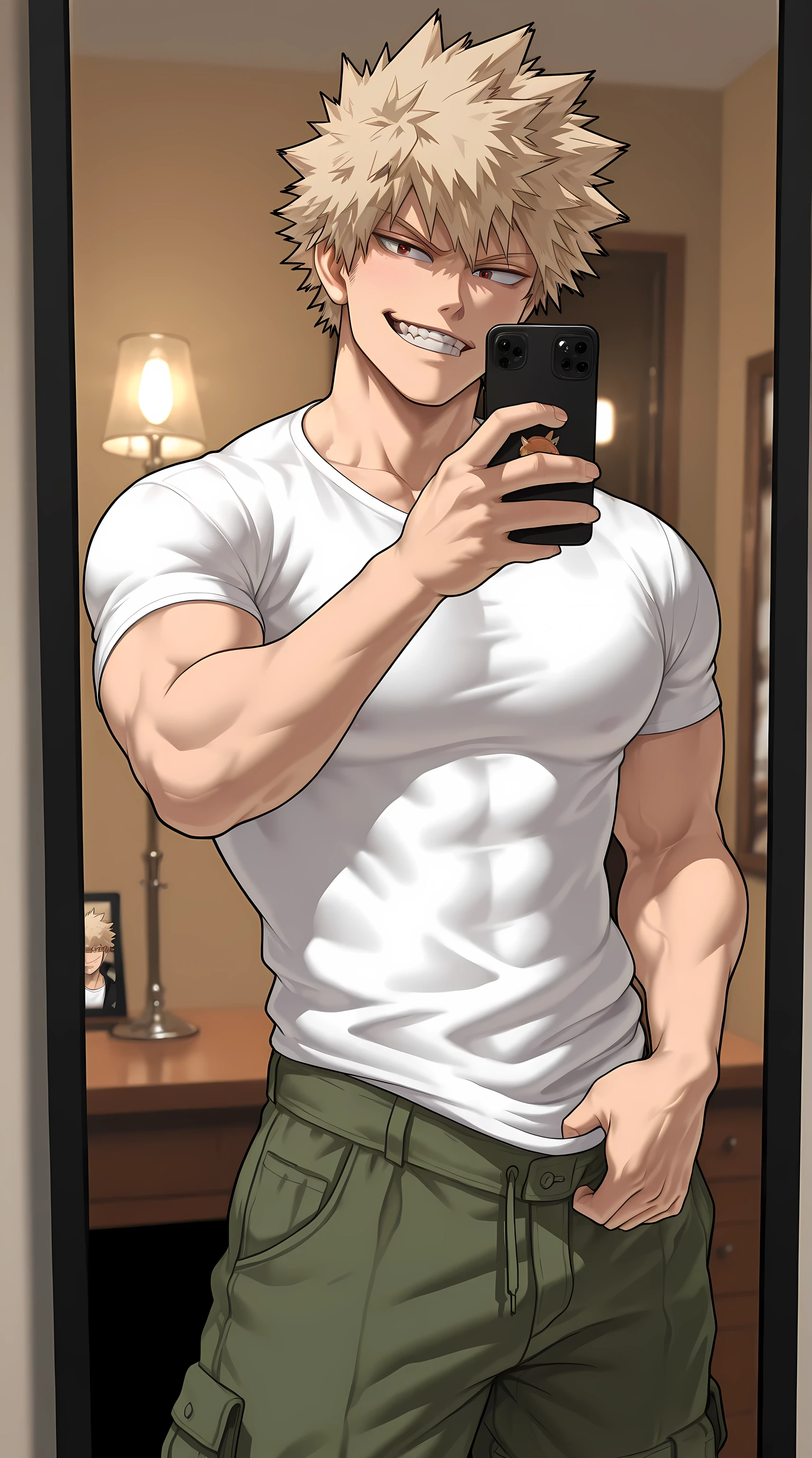 1man, Katsuki Bakugou, confident smirk, relaxed stance.
Pose: holding his phone for a mirror selfie, one hand hooking a thumb into the waistband of his pants.
Outfit: casual loose white tee, low-rise cargo pants.
Setting: bedroom mirror with warm lamp light and cluttered desk in background.
Style: anime selfie aesthetic, clean shading, sharp reflections.