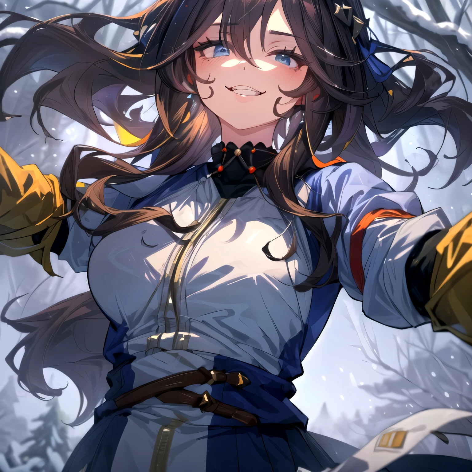 (The theme of this work is "Snow Survival Game." Think about sports and non-sports you might enjoy on the snow. Survival knife battles in a snowy forest in the middle of winter, sword slashing action, dark blue suit: 1.3)
(Moonlit night, large breasts, Lolita, solo, female, blushing, baby face, small face, small head, blue eyes, large eyes, lustful expression, smiling, gums, dark blue hair, wavy long hair, large hair accessories, large earrings, survival knife, dark blue suit, heavy winter dress, heavy winter skirt, heavy tights: 1.2)
(Dynamic, active angles, upper body, focus on breasts: 1.2)
(Anime-style, anime shadows, anime lighting, anime glow, vibrant artwork: 1.2)
(UHD, Retina, masterpiece, accurate, anatomically accurate, textured skin, ultra-high definition, high quality, award-winning, top quality, high resolution: 1.2)