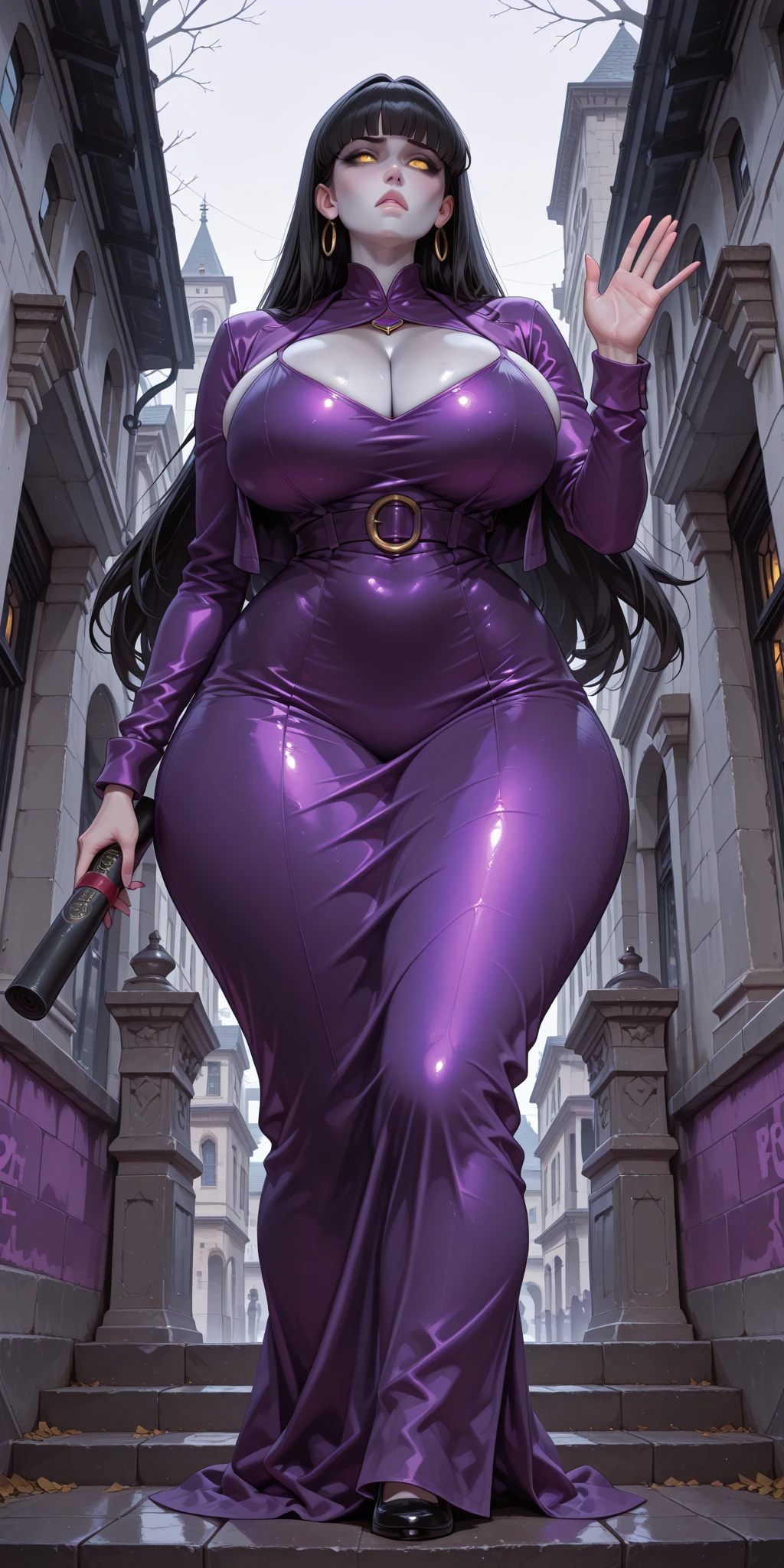 (masterpiece:1.37), best quality, (extremely detailed:1.37) woman, (adult:1.5), (very long hair:1.5), dark purple hair, purple eyes, (extremely detailed eyes:1.37), breasts, (very long dress:1.5), (very tight dress:3.0), white dress, (wetting herself:2.0), standing straight, full body day, daytime, glow, facing viewer, perfect composition, full body, city, street